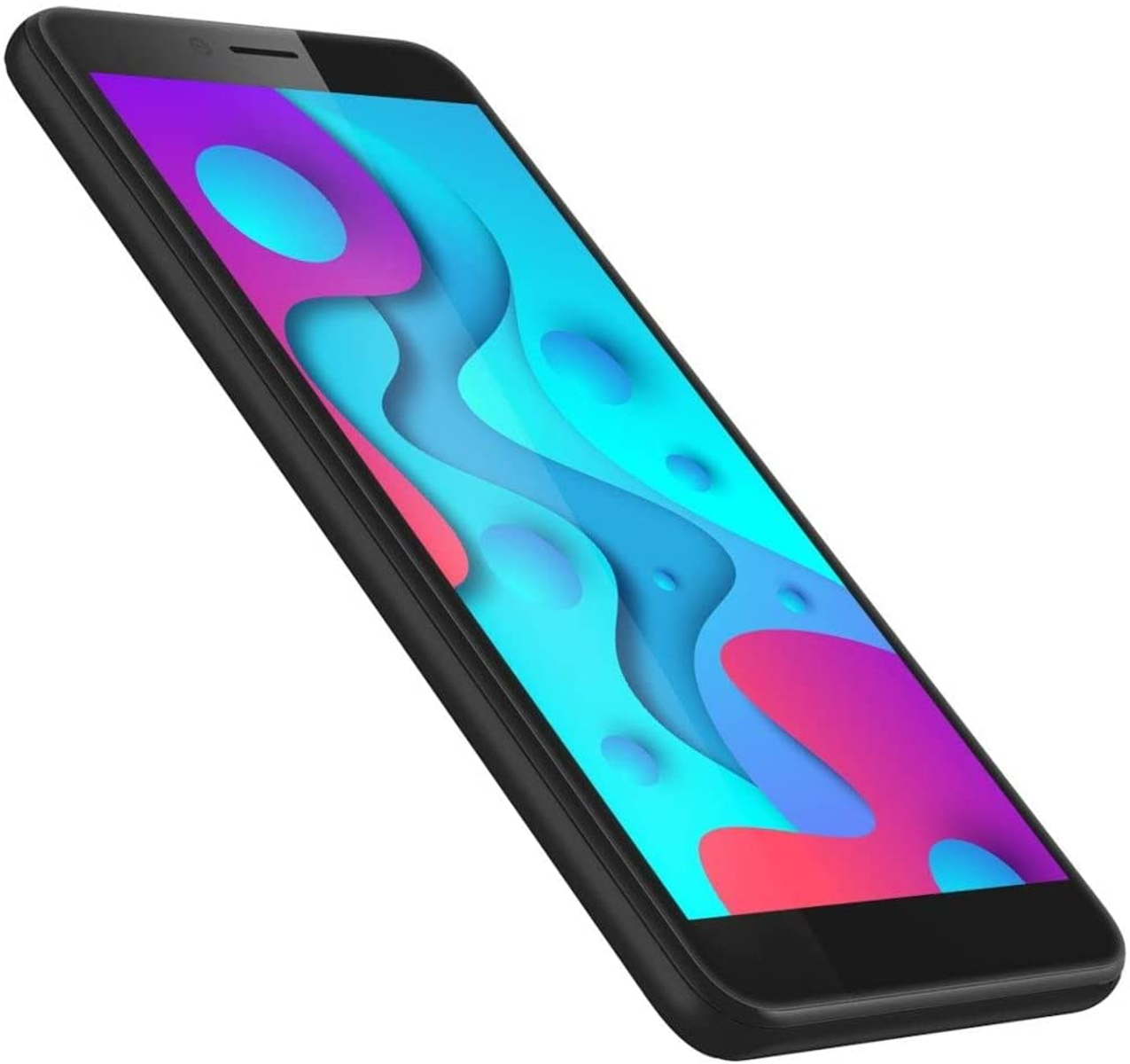 Schwarzes Smartphone mit einem farbenfrohen, abstrakten Muster auf dem Bildschirm.