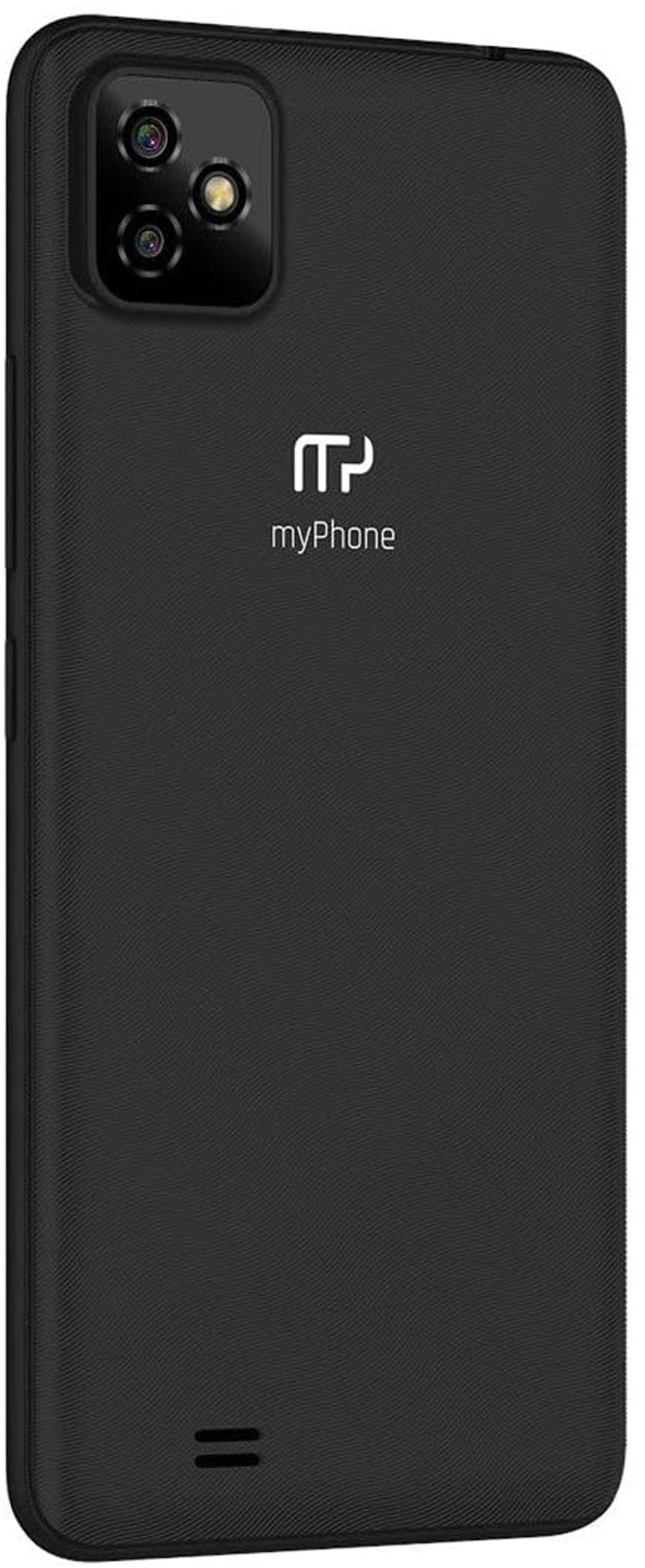 Die Rückseite eines schwarzen Smartphones mit drei Kameras und dem Logo 'myPhone' wird gezeigt.