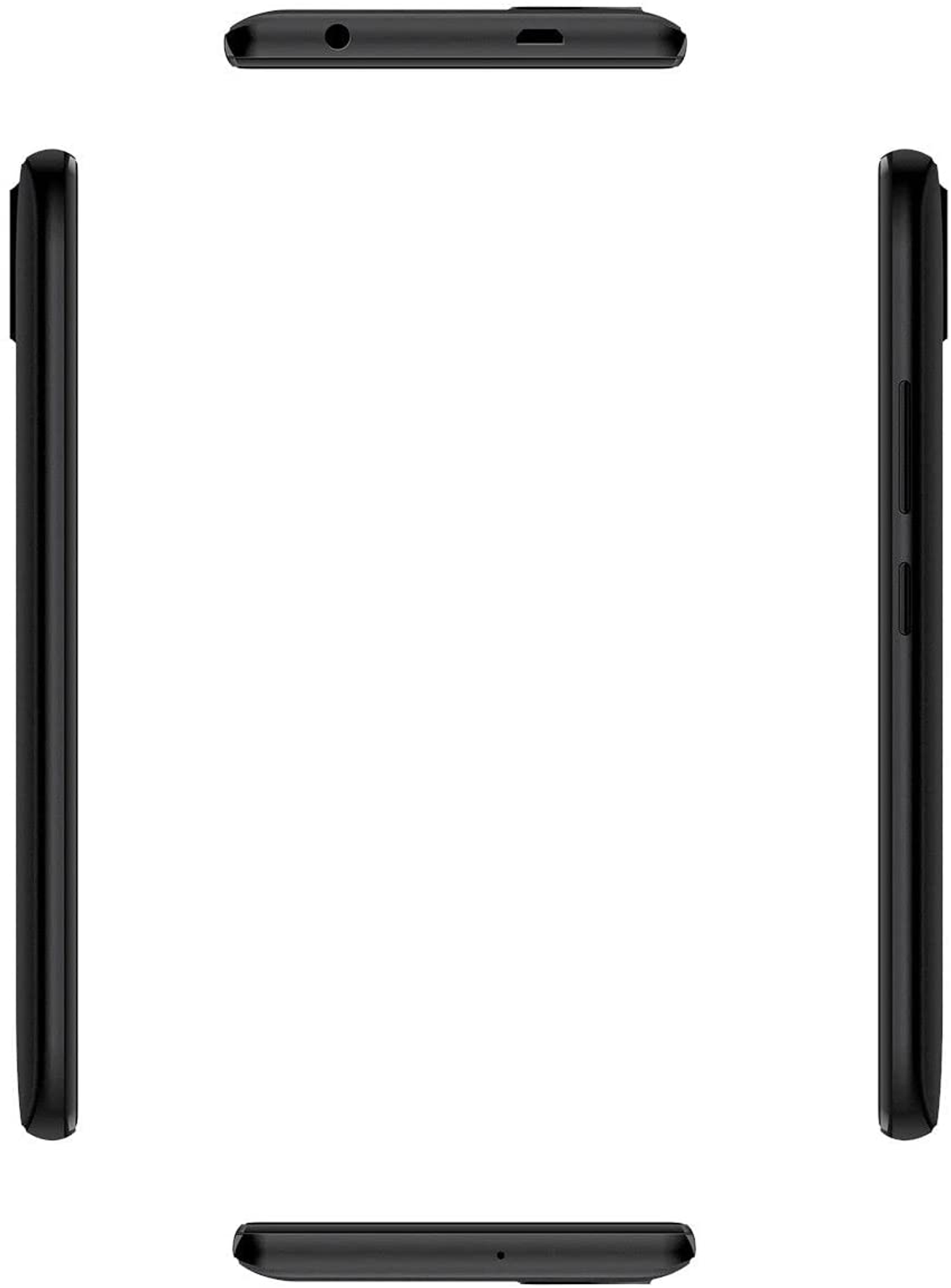 Ein schwarzes Smartphone aus verschiedenen Winkeln vor weißem Hintergrund.