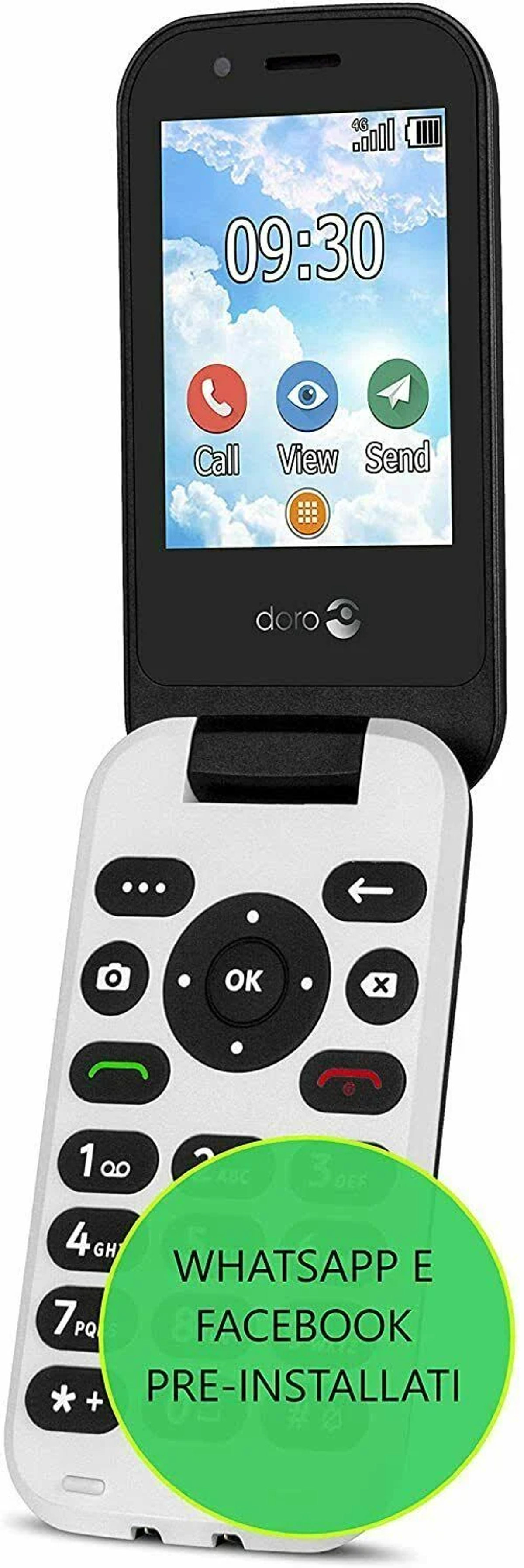 Biały telefon z klapką z czarnymi akcentami. Ekran wyświetla czas i ikony. Zielone koło pokazuje preinstalowane aplikacje.