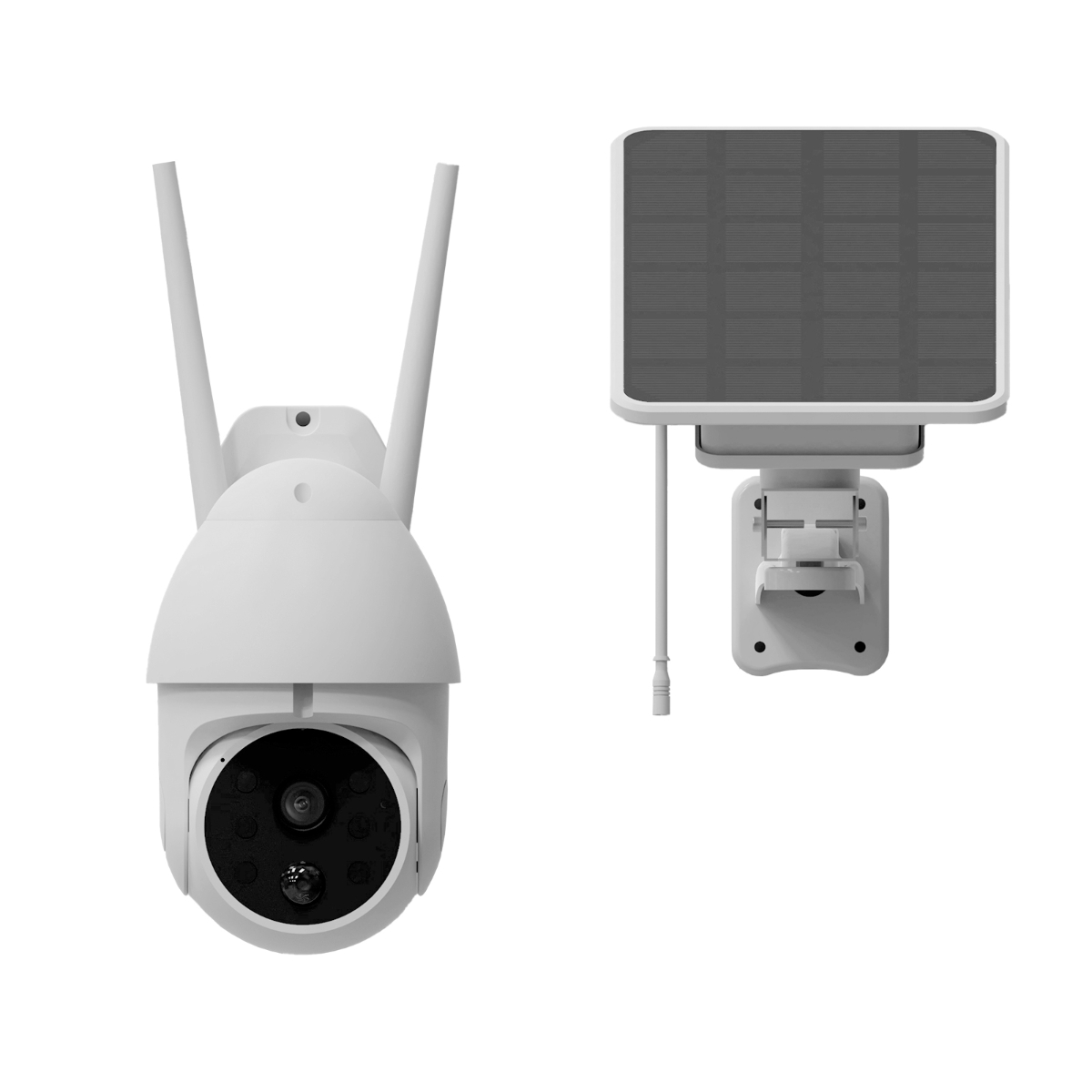 Una cámara de seguridad blanca con panel solar, diseñada para uso exterior.