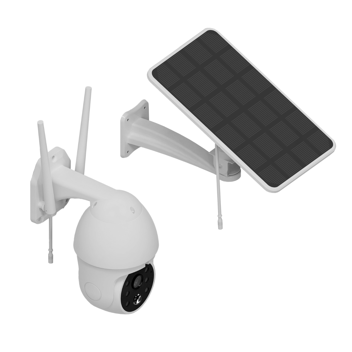 Una cámara de seguridad blanca con un panel solar. Está diseñada para montarse al aire libre.