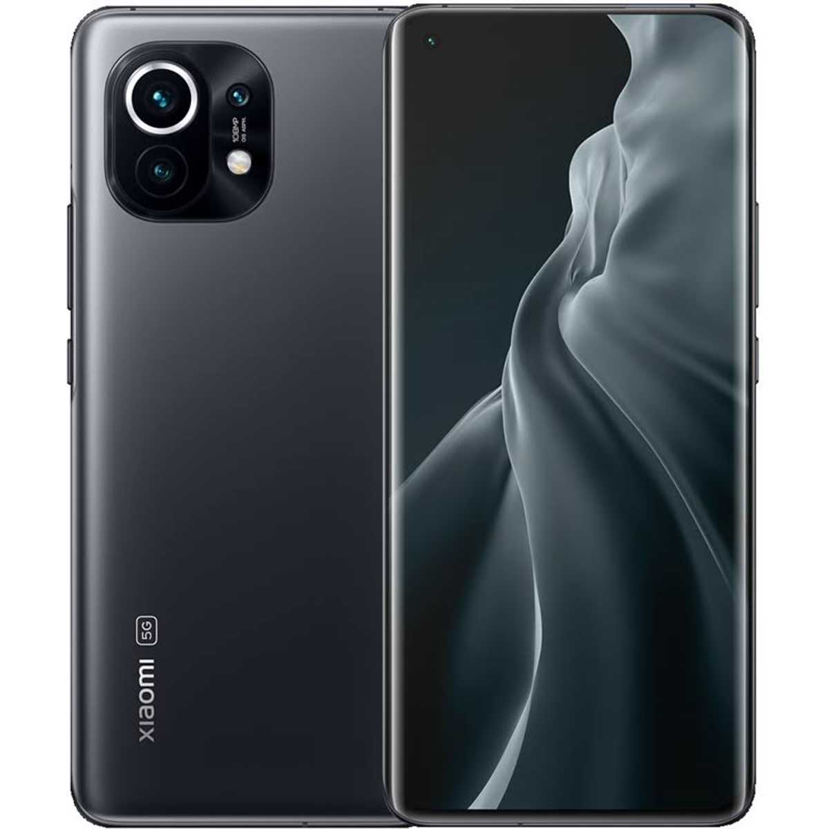 Uno smartphone grigio scuro, vista anteriore e posteriore. Il retro ha fotocamere e il marchio Xiaomi. Lo schermo è acceso.