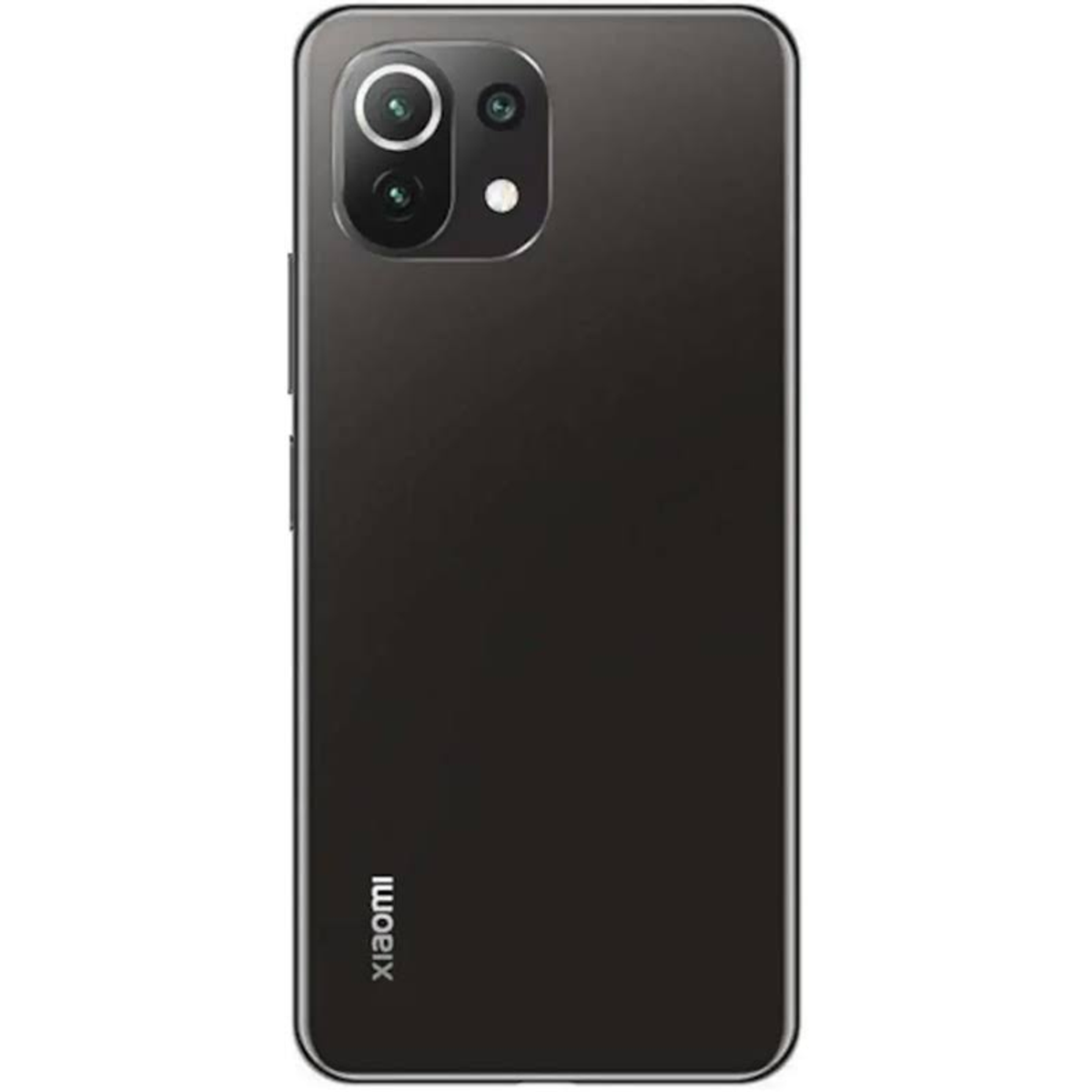 Retro del telefono nero, con fotocamere e logo Xiaomi. Sfondo bianco.