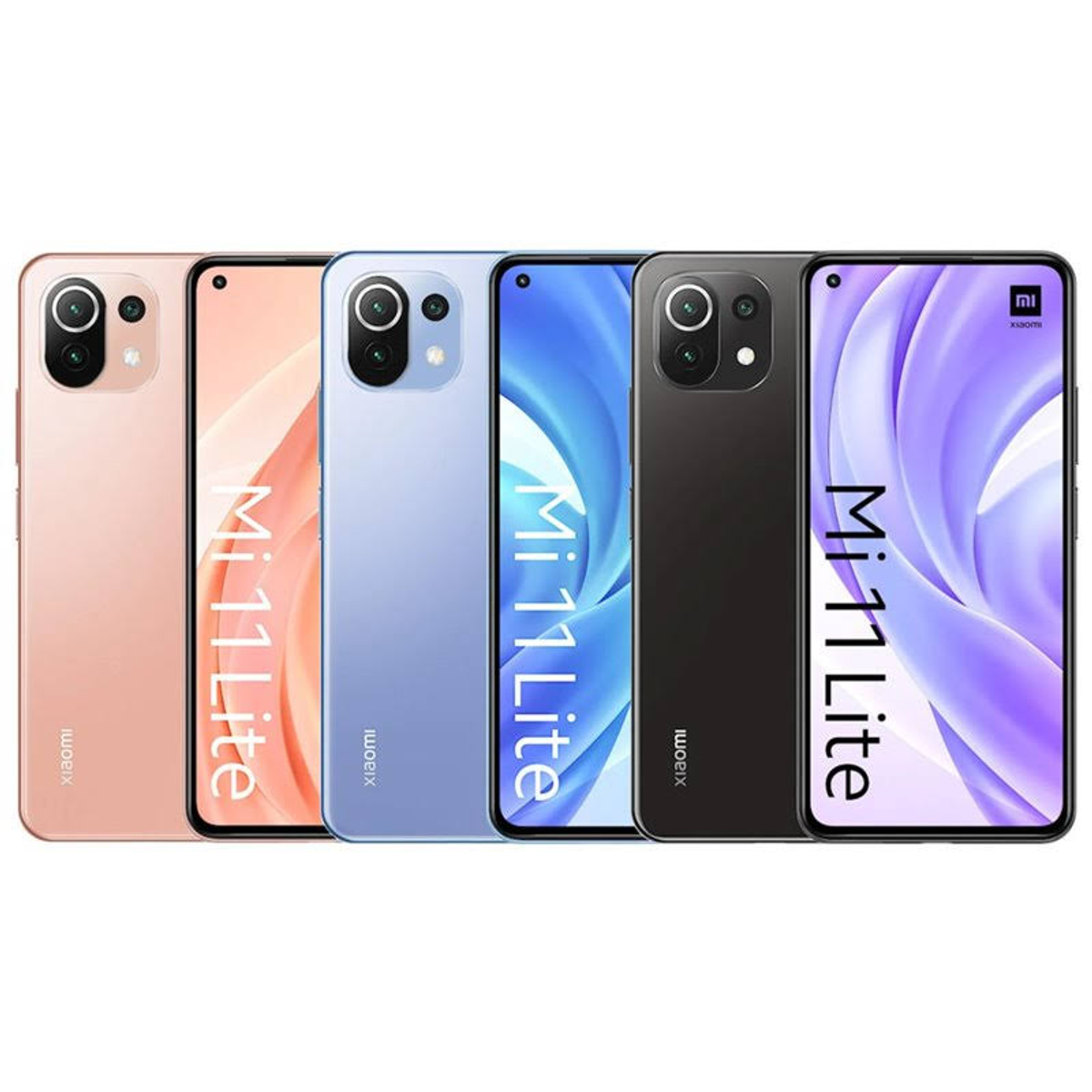Cinque smartphone di diversi colori sono esposti su uno sfondo bianco.