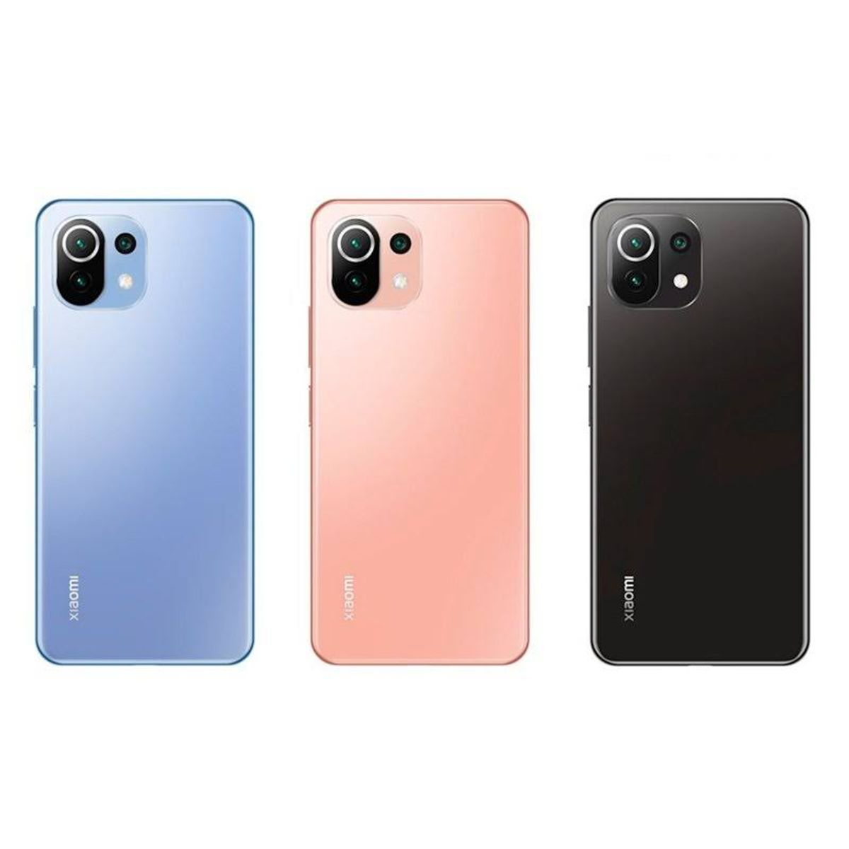 Tre smartphone in blu, rosa e nero. Sono allineati uno accanto all'altro.
