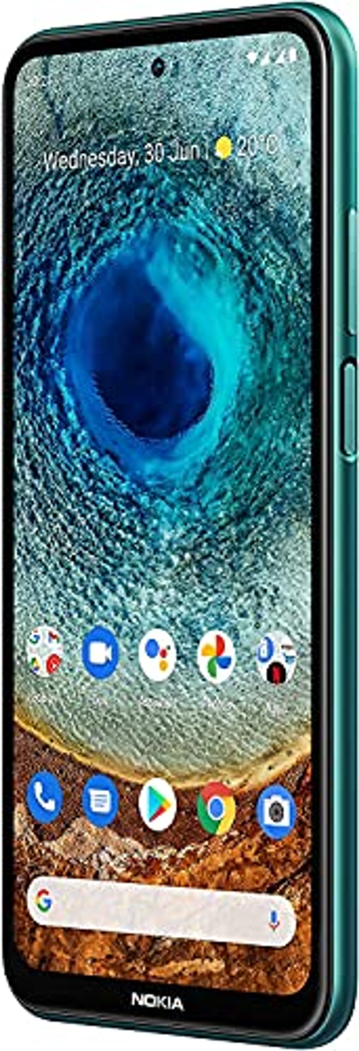Een groene Nokia smartphone met een scherm dat de datum, tijd en app-iconen weergeeft.
