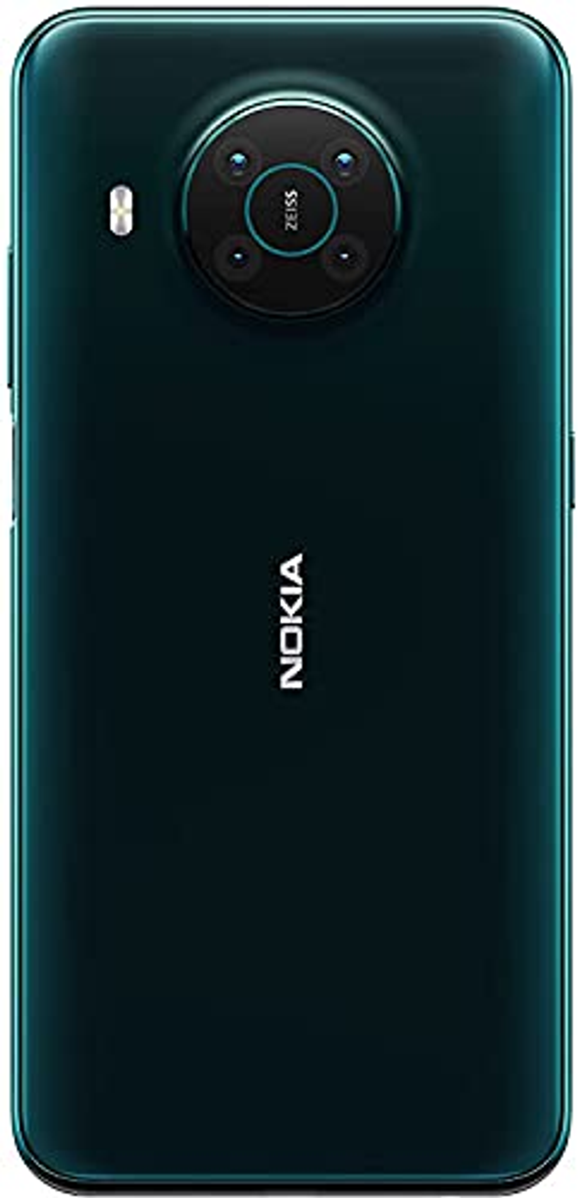 De hand van een persoon die een telefoon vasthoudt, de achterkant van een telefoon laat zien, groene kleur.