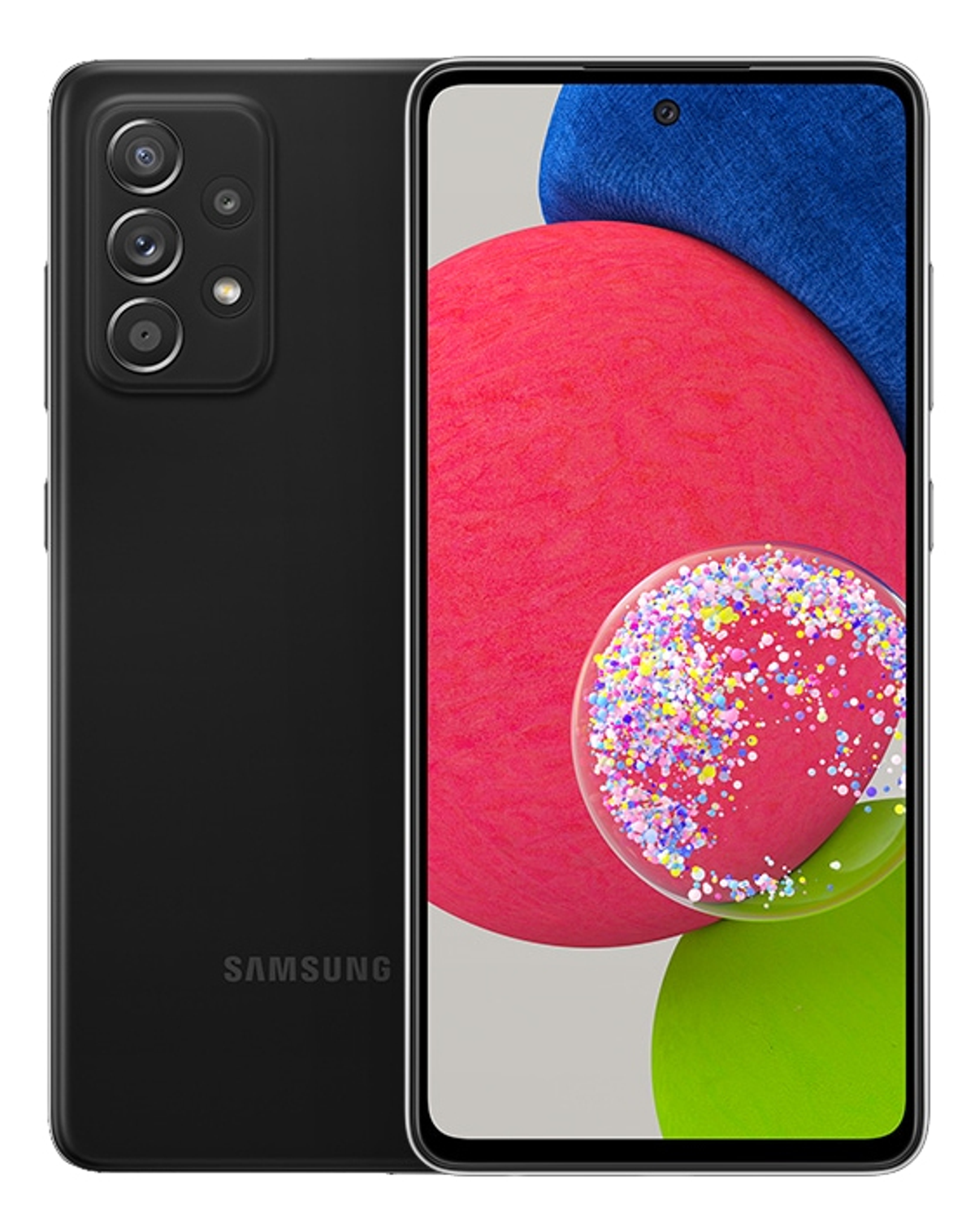 Smartphone nero con retro nero, modulo fotocamera nero e display colorato.
