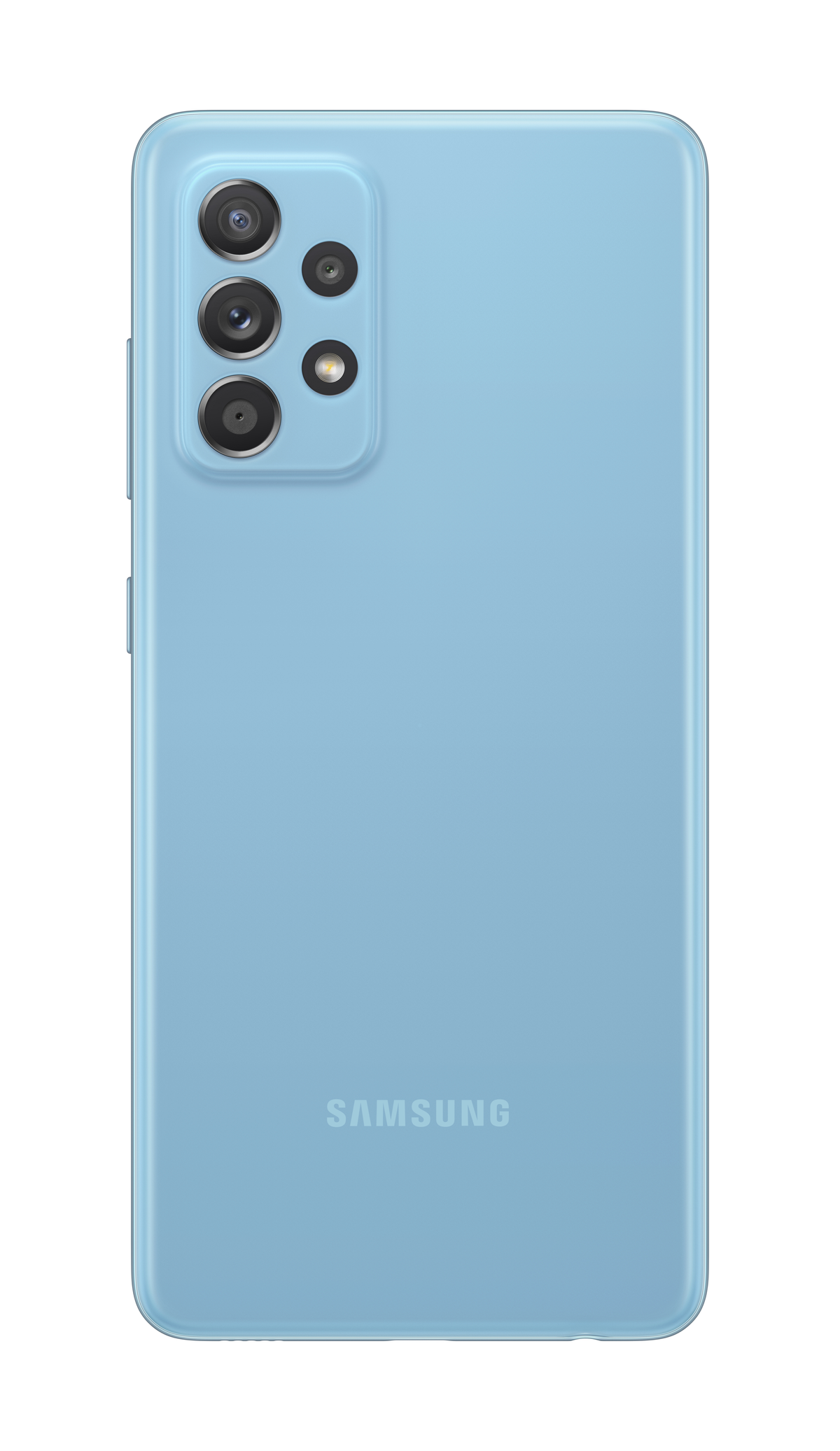 Dos de smartphone bleu clair. Il a des caméras et la marque SAMSUNG.