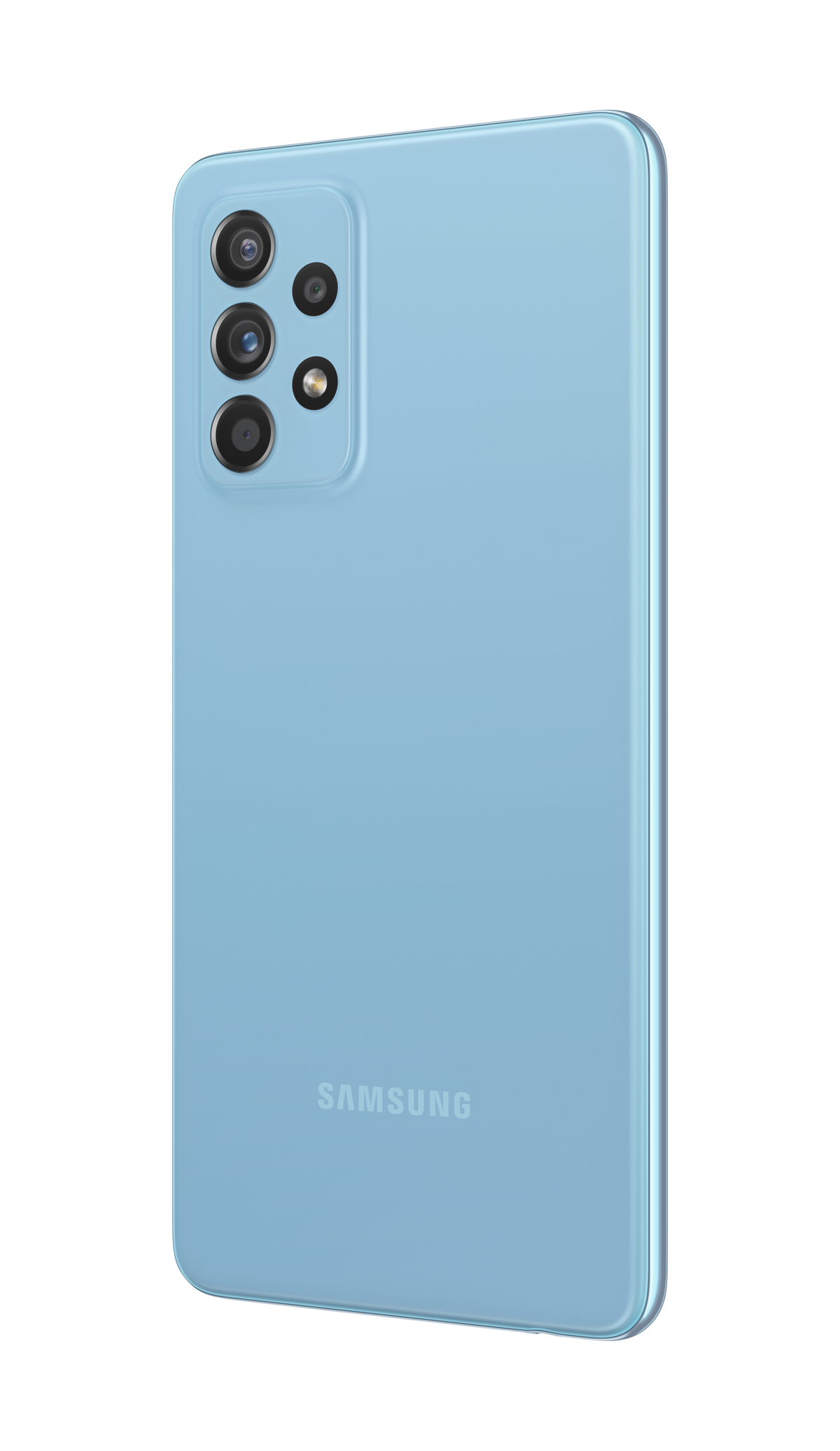Téléphone Samsung bleu. Montre l'arrière. Il a 3 caméras.