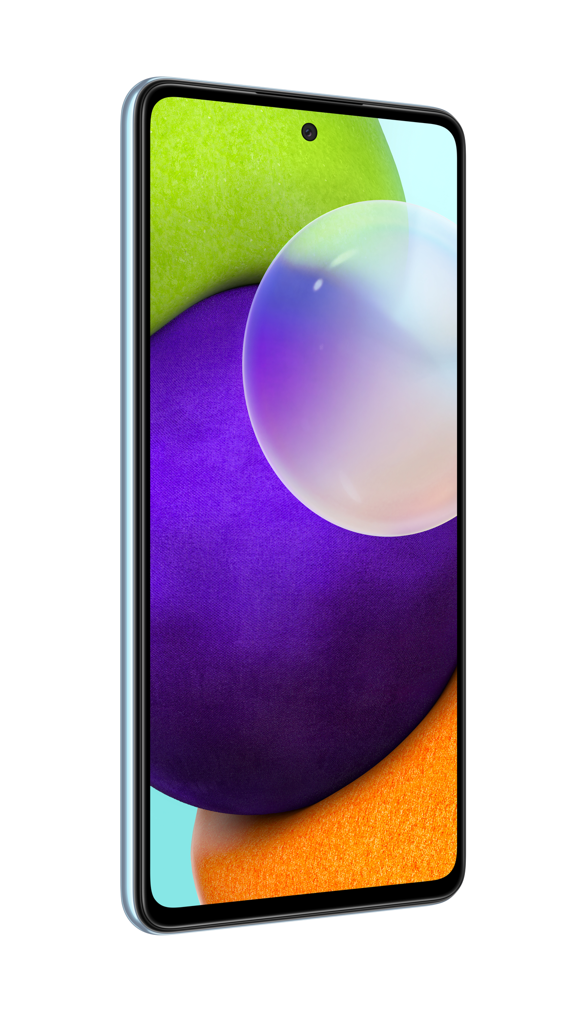 Smartphone, cadre bleu clair, écran incurvé affichant un fond abstrait de couleurs.