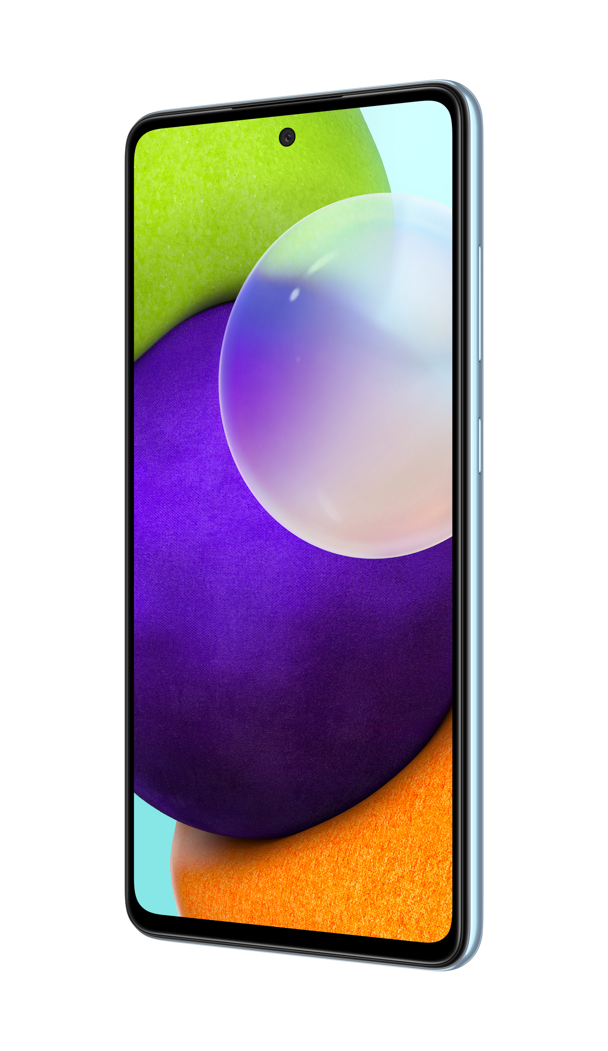 Smartphone bleu avec écran affichant des formes abstraites colorées. Cadre bleu clair.