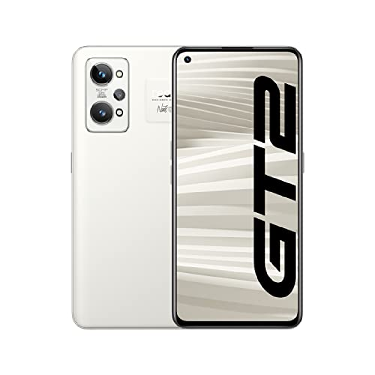 Ein weißes Smartphone, Rückansicht, mit zwei Kameralinsen und GT2-Branding. Der Bildschirm ist sichtbar.