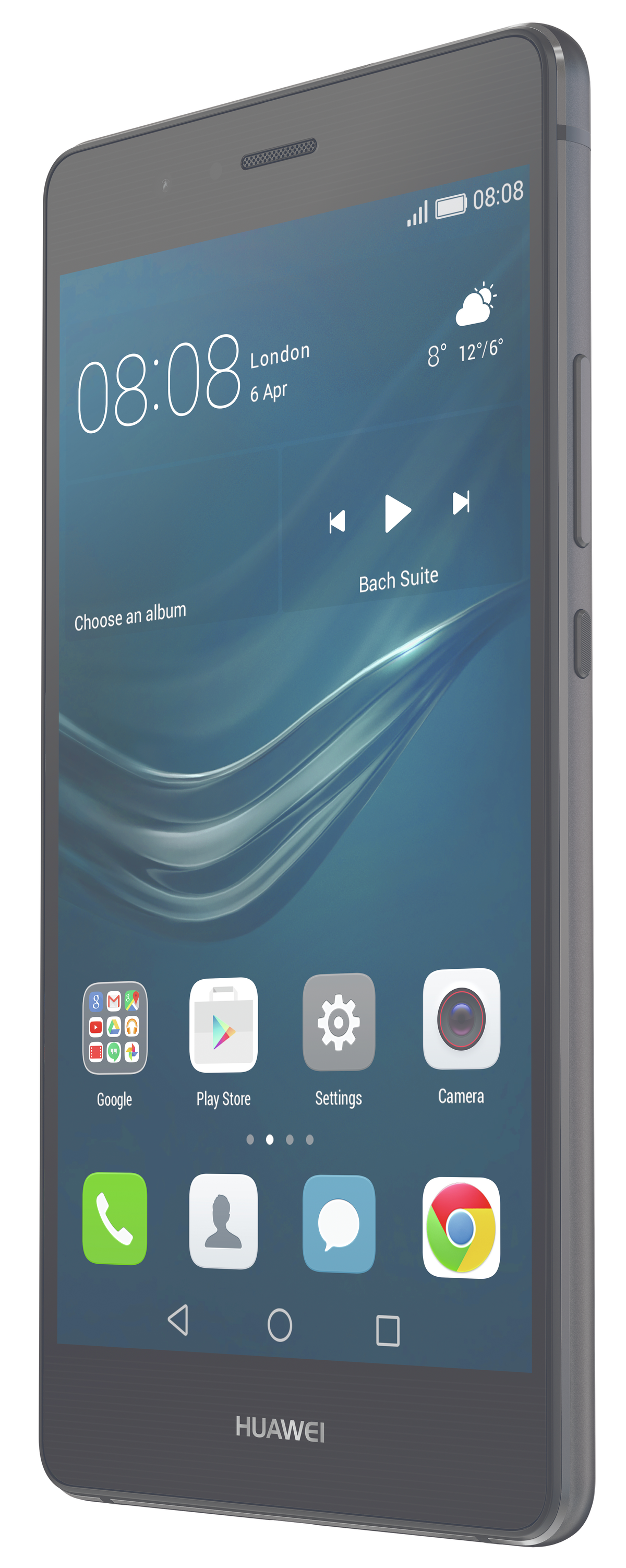 Czarny smartfon wyświetlający interfejs z ikonami aplikacji i niebieskim tłem z białymi falistymi wzorami.