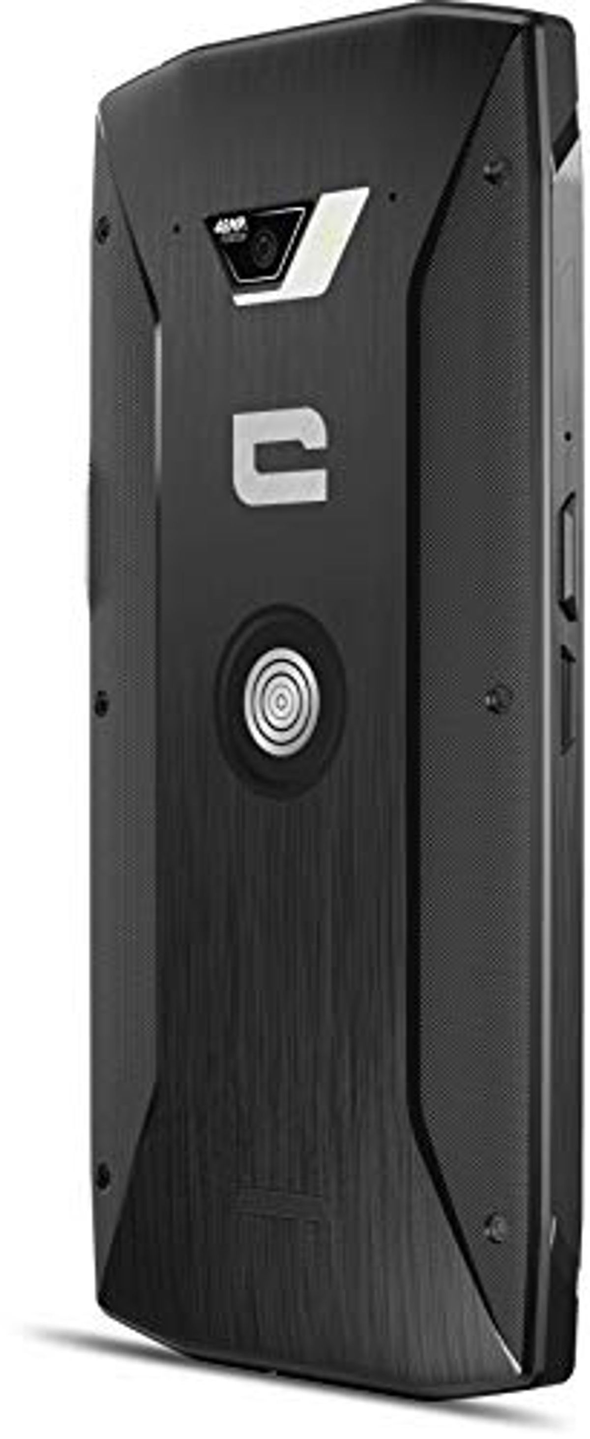 Die Rückseite eines robusten schwarzen Smartphones mit Kamera und unverwechselbarem Design mit rundem Element.