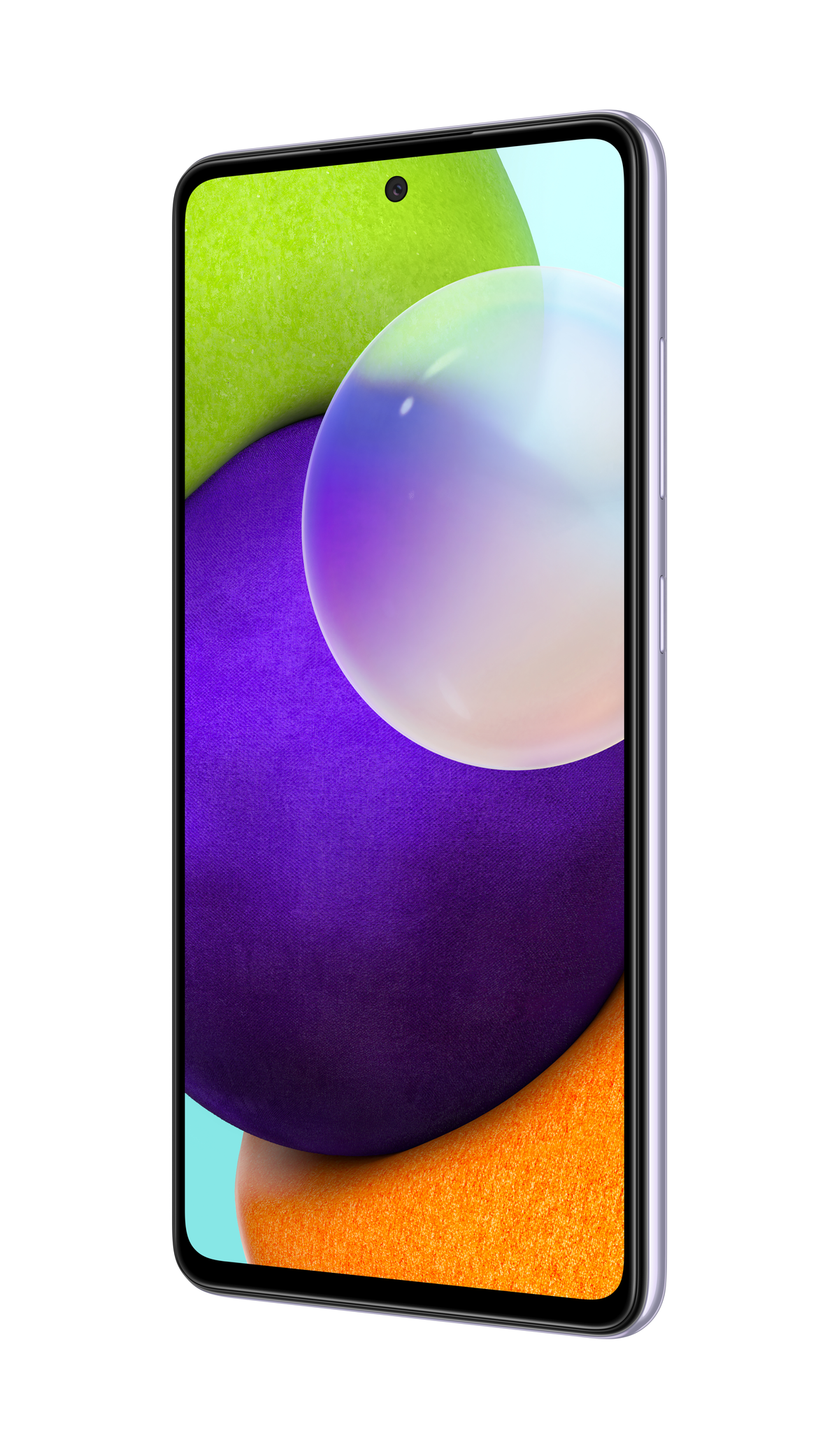 Een smartphone met een kleurrijke abstracte achtergrond, gezien vanuit een zijkant.