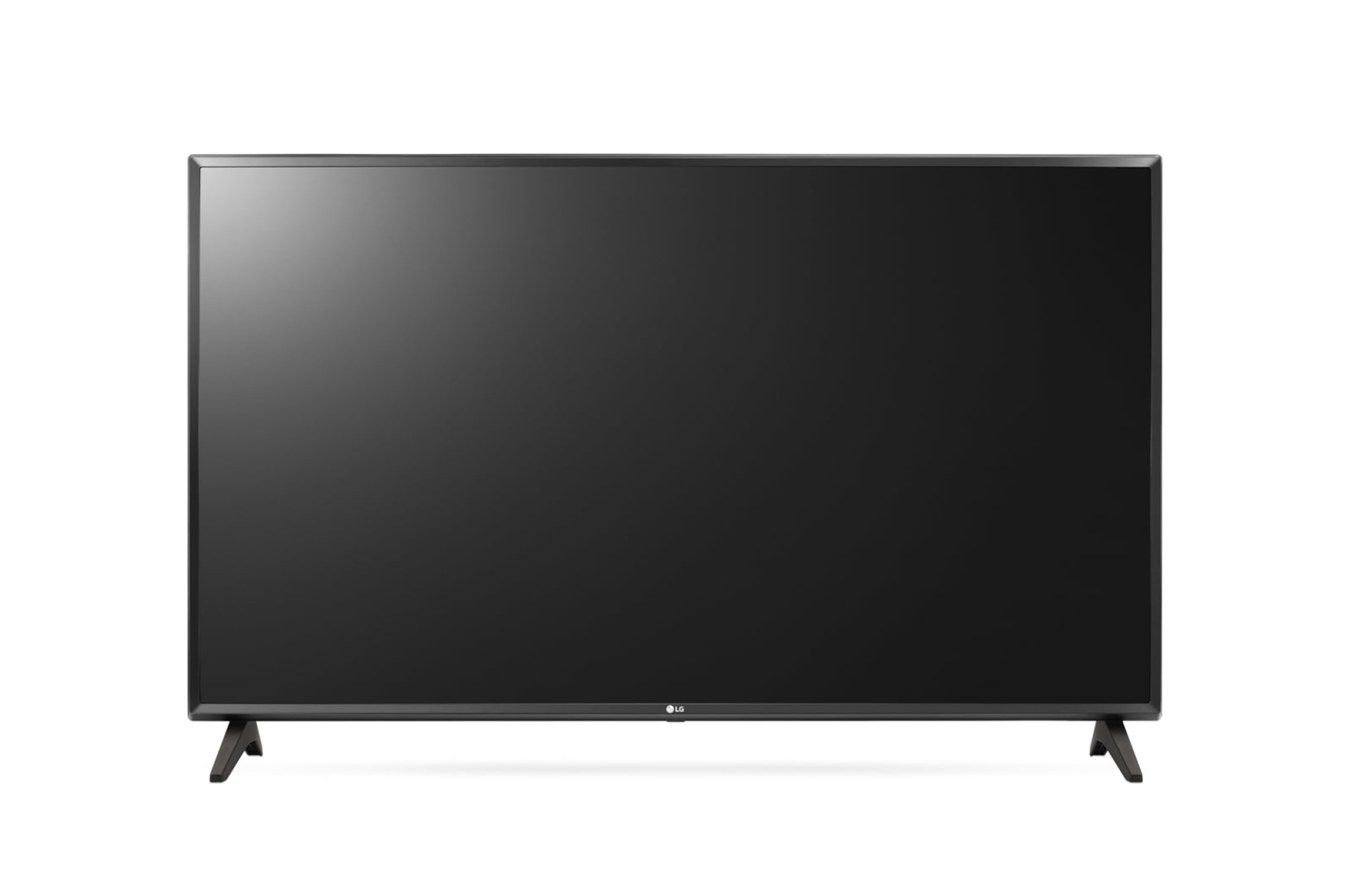 Un televisor de pantalla plana grande y negro se muestra de frente contra un fondo blanco, con patas negras.