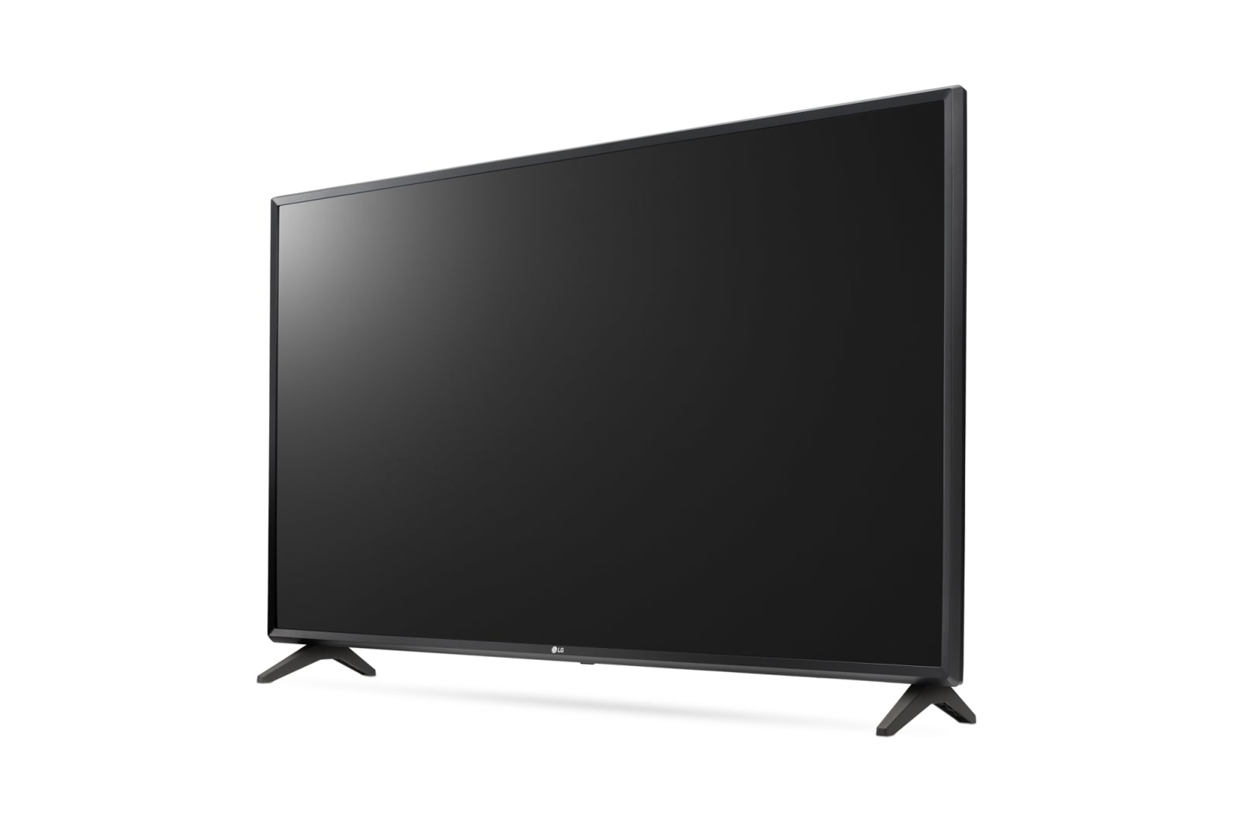 Una pantalla de TV negra se apoya en dos patas negras. El televisor está inclinado hacia la derecha.