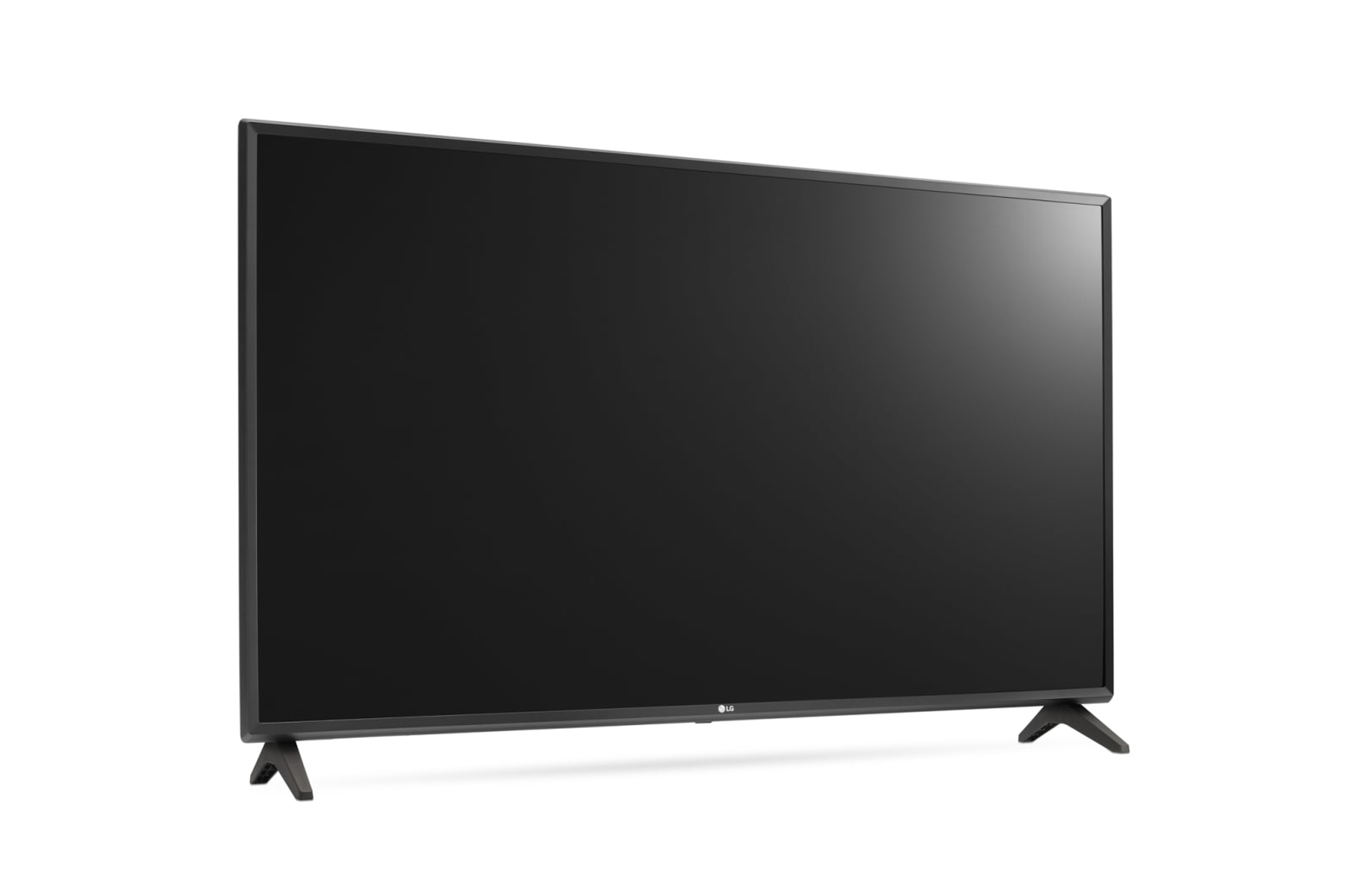 Televisor LG con pantalla negra. El televisor tiene un diseño simple y patas negras.