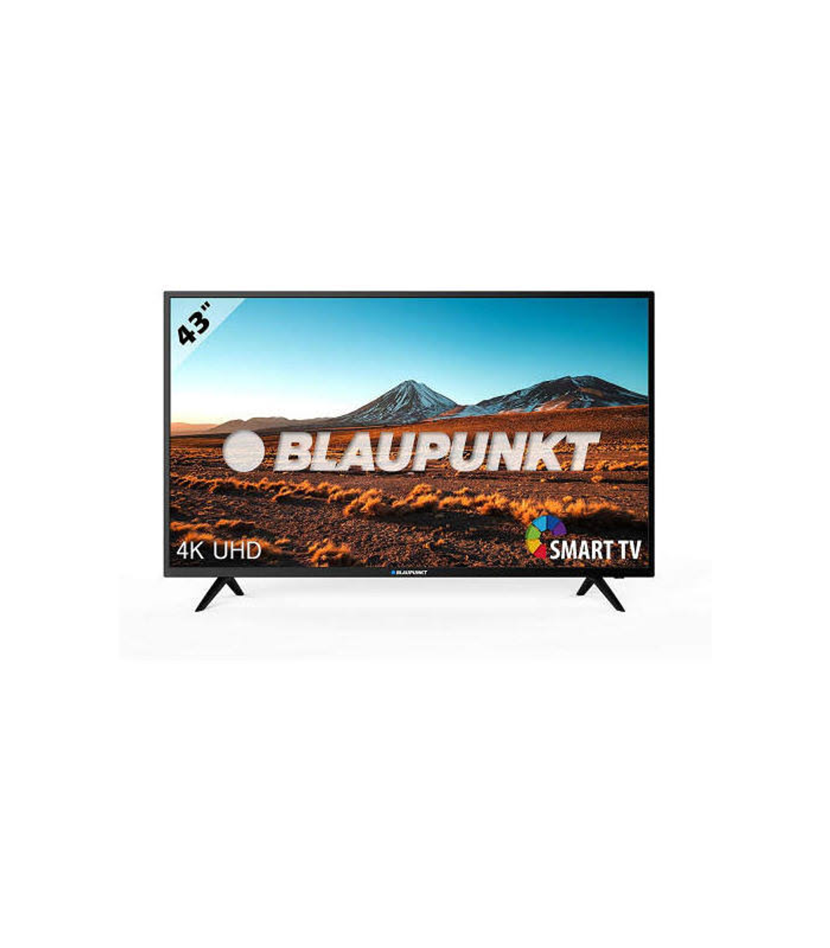 Smart TV Blaupunkt su sfondo bianco. Mostra un paesaggio montano.