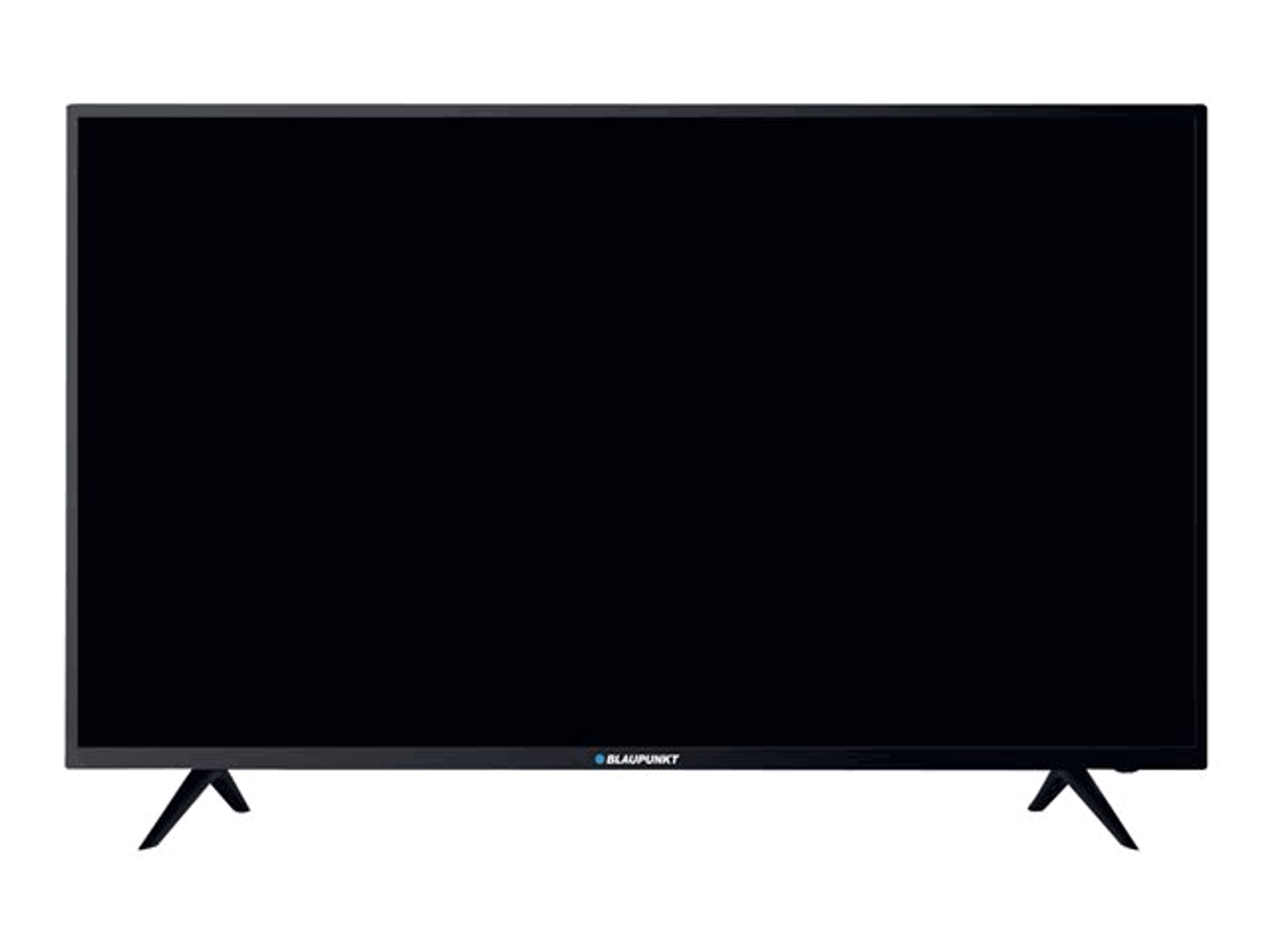 Uno schermo TV che mostra un paesaggio urbano. La TV ha gambe e cornice nere.