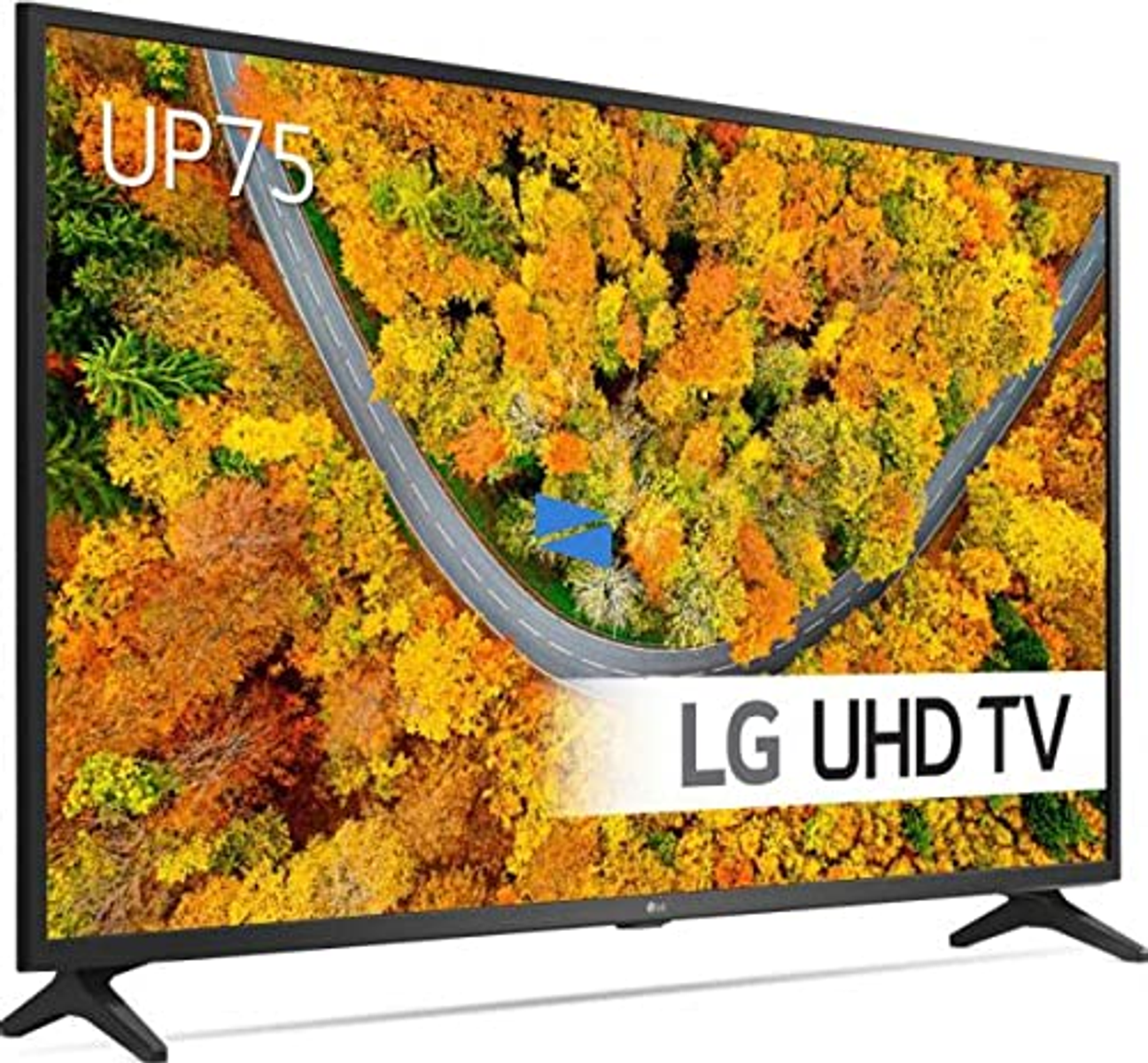 Telewizor LG UHD wyświetlający drogę przez las w jesiennych barwach.