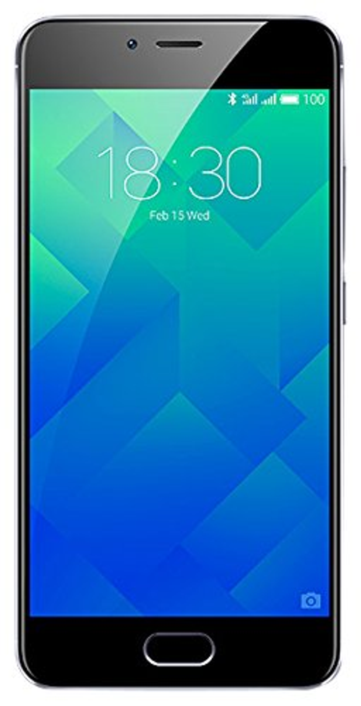 Telefono nero, schermo che mostra l'ora e la grafica. Il telefono è al centro.