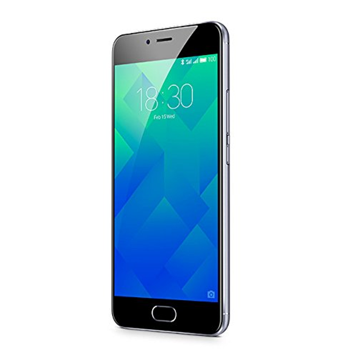Smartphone nero, schermo con ora e design geometrico. Sfondo chiaro.
