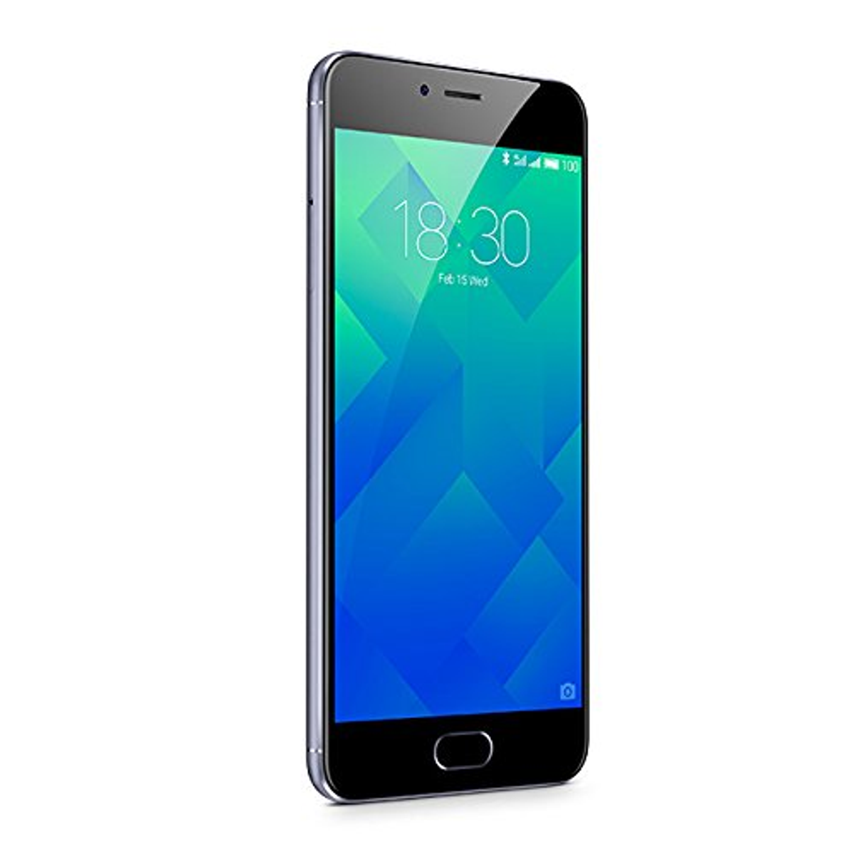 Uno smartphone nero con schermo colorato che mostra l'ora e uno sfondo blu e verde.
