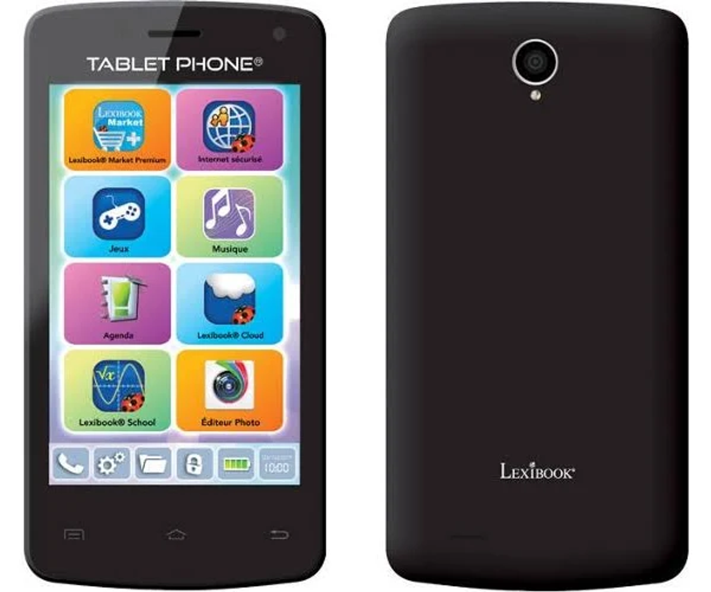 Tablet phone nero che mostra un display colorato con icone di app e il logo Lexibook.