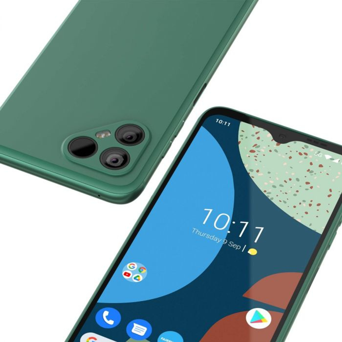 Groene telefoonhoes en telefoon met een blauw scherm met een klok en iconen.