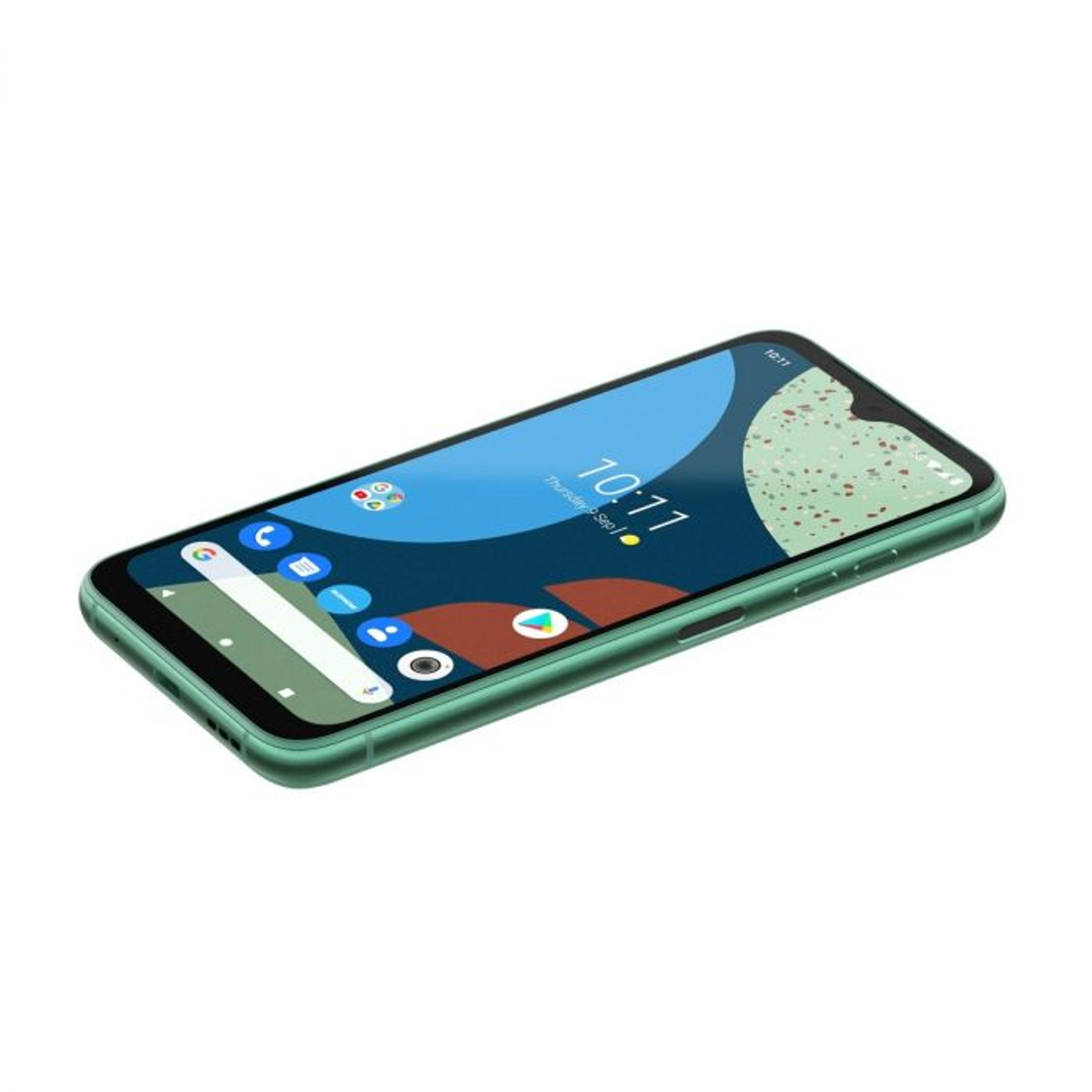 Groene smartphone met tijd, apps en agenda op een witte achtergrond.