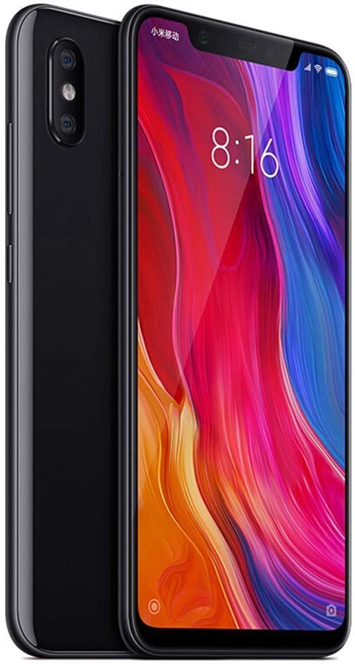 Ein schwarzes Smartphone mit farbenfroher Anzeige, die abstrakte Formen zeigt und eine Dual-Kamera.