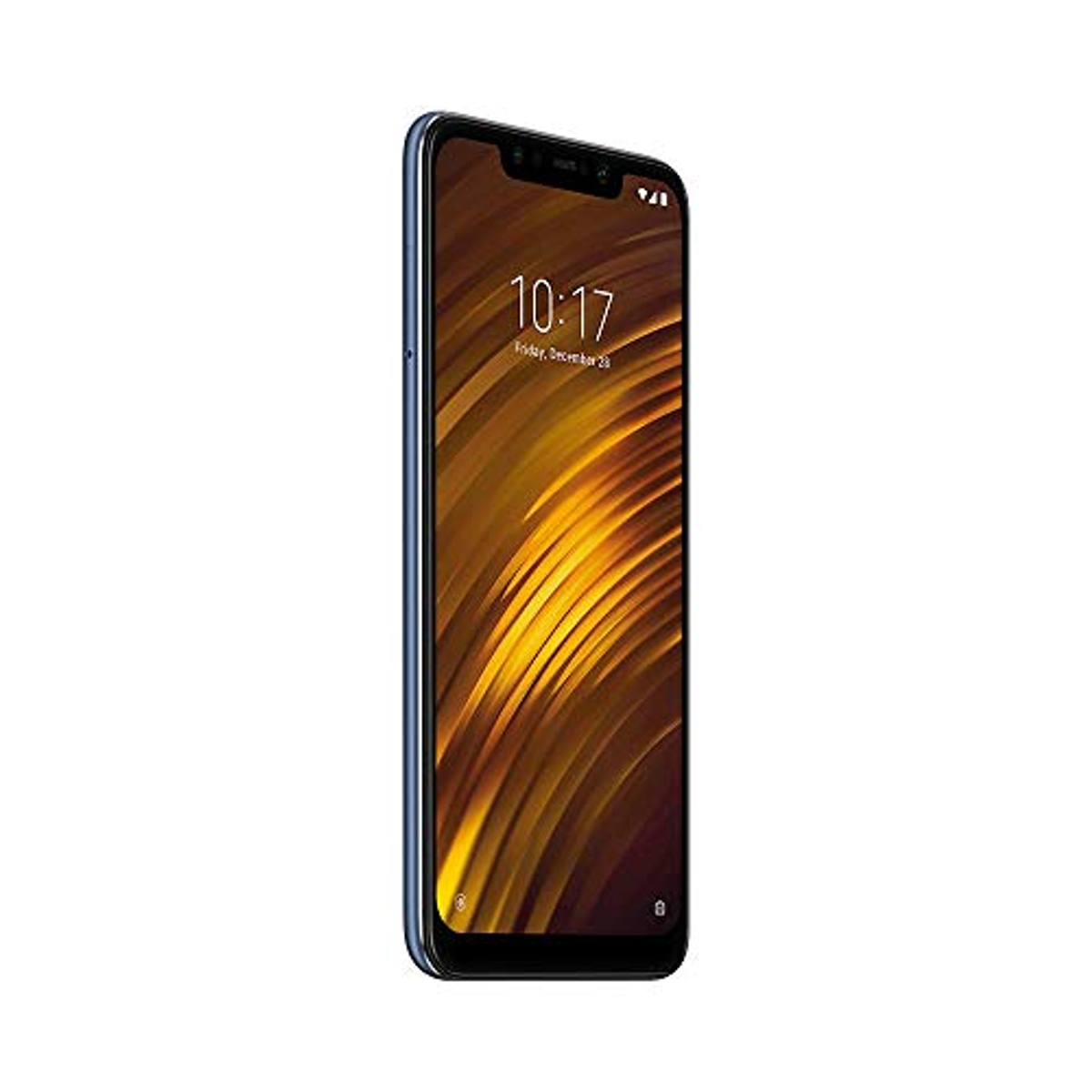Telefon, schräge Ansicht. Der Bildschirm zeigt eine Uhr und ein Datum. Das Telefon hat einen blauen Rahmen.