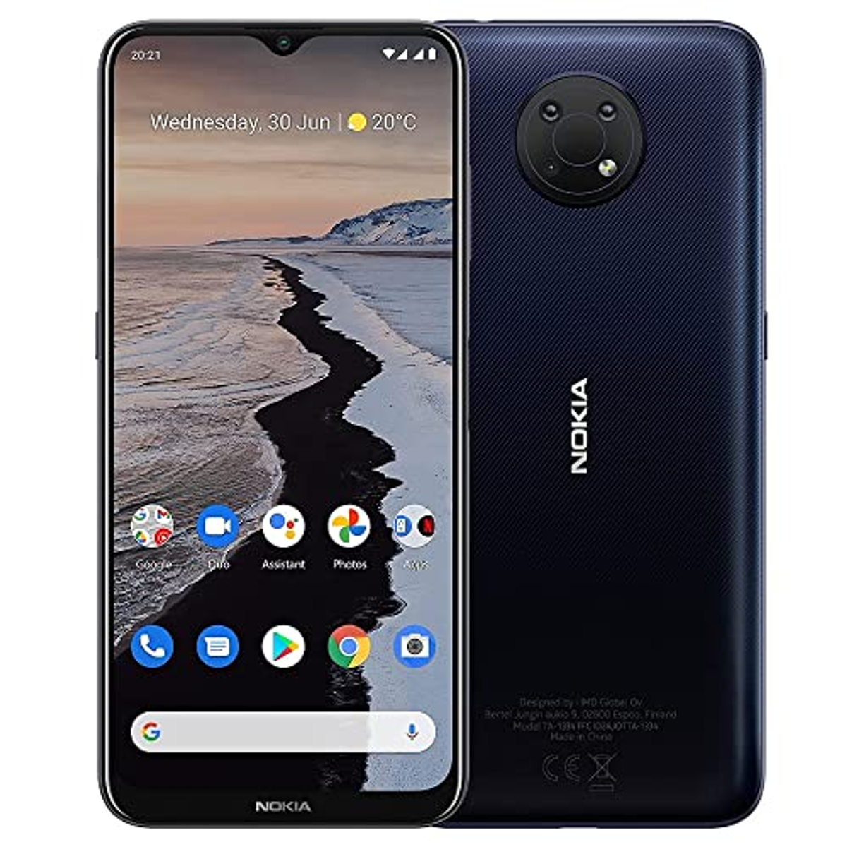 Un teléfono Nokia negro y azul, que muestra la parte delantera y trasera. La pantalla muestra aplicaciones.