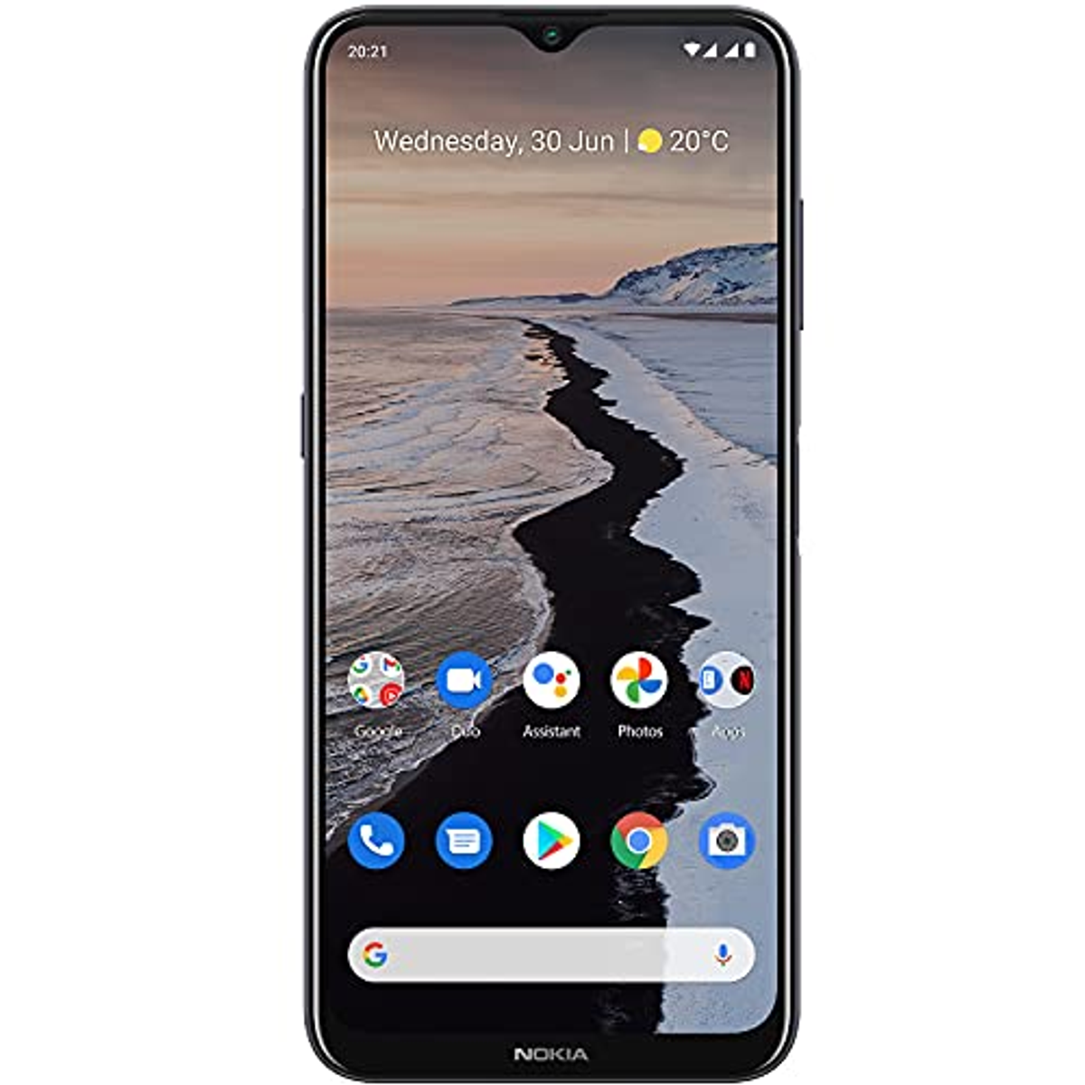 Pantalla de smartphone muestra playa y apps. El teléfono es negro con cámara frontal pequeña.
