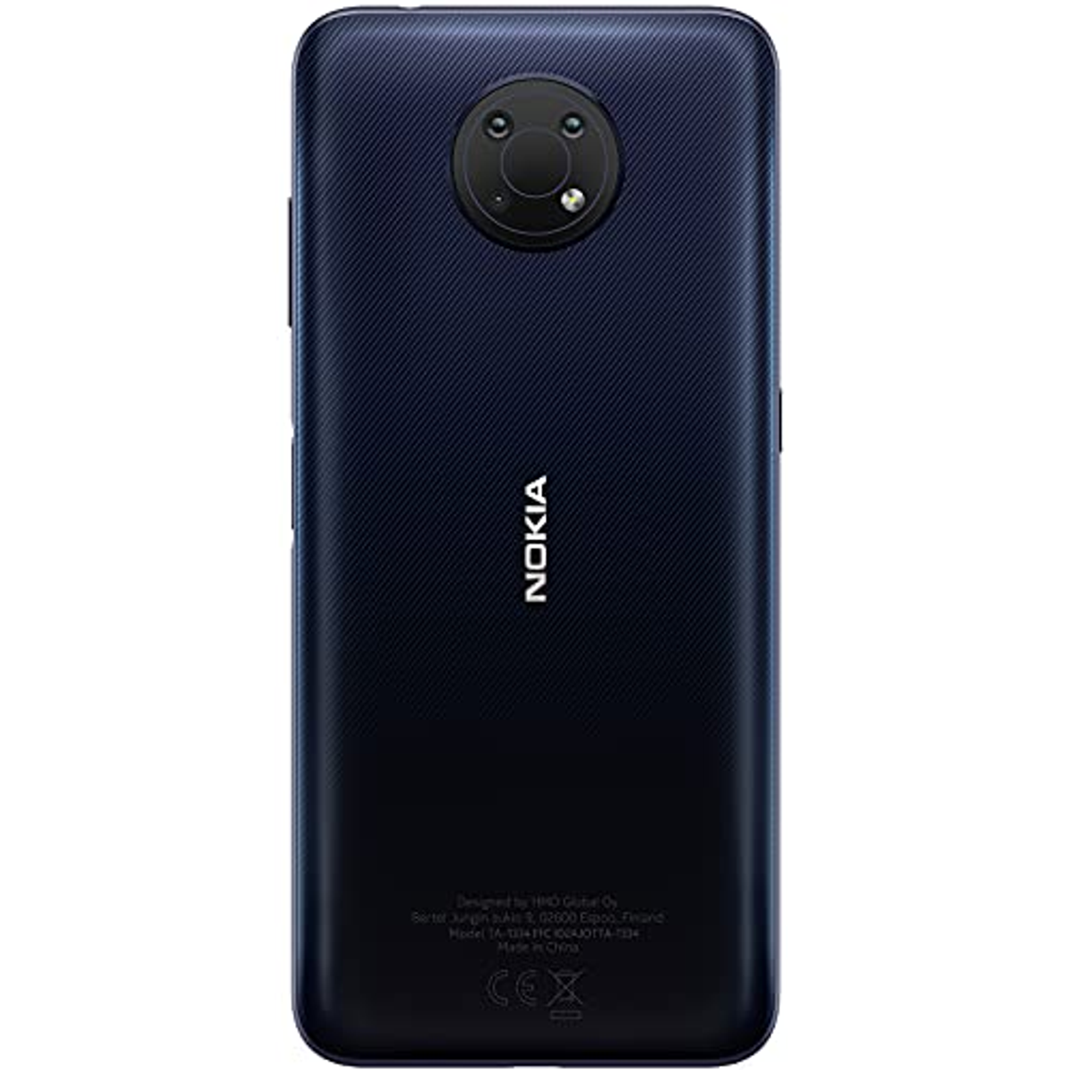 Parte trasera de teléfono azul oscuro con cámara y el logo de Nokia, sobre fondo blanco.