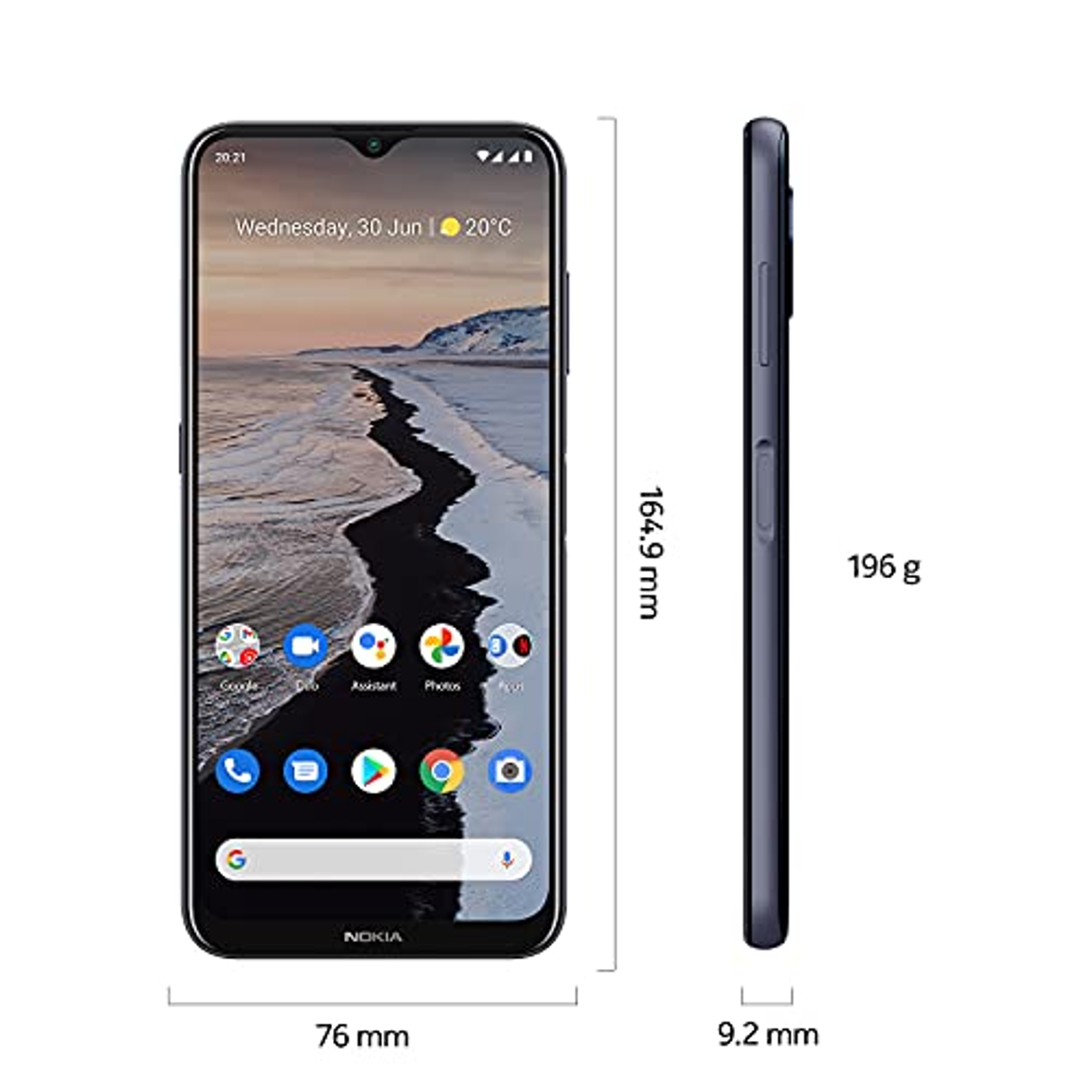 Un smartphone Nokia negro, mostrando vistas frontal y lateral. La pantalla muestra la hora y aplicaciones.
