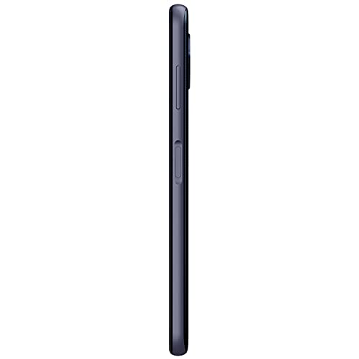 Vista lateral de un smartphone con cuerpo azul oscuro, botones y pantalla negra.