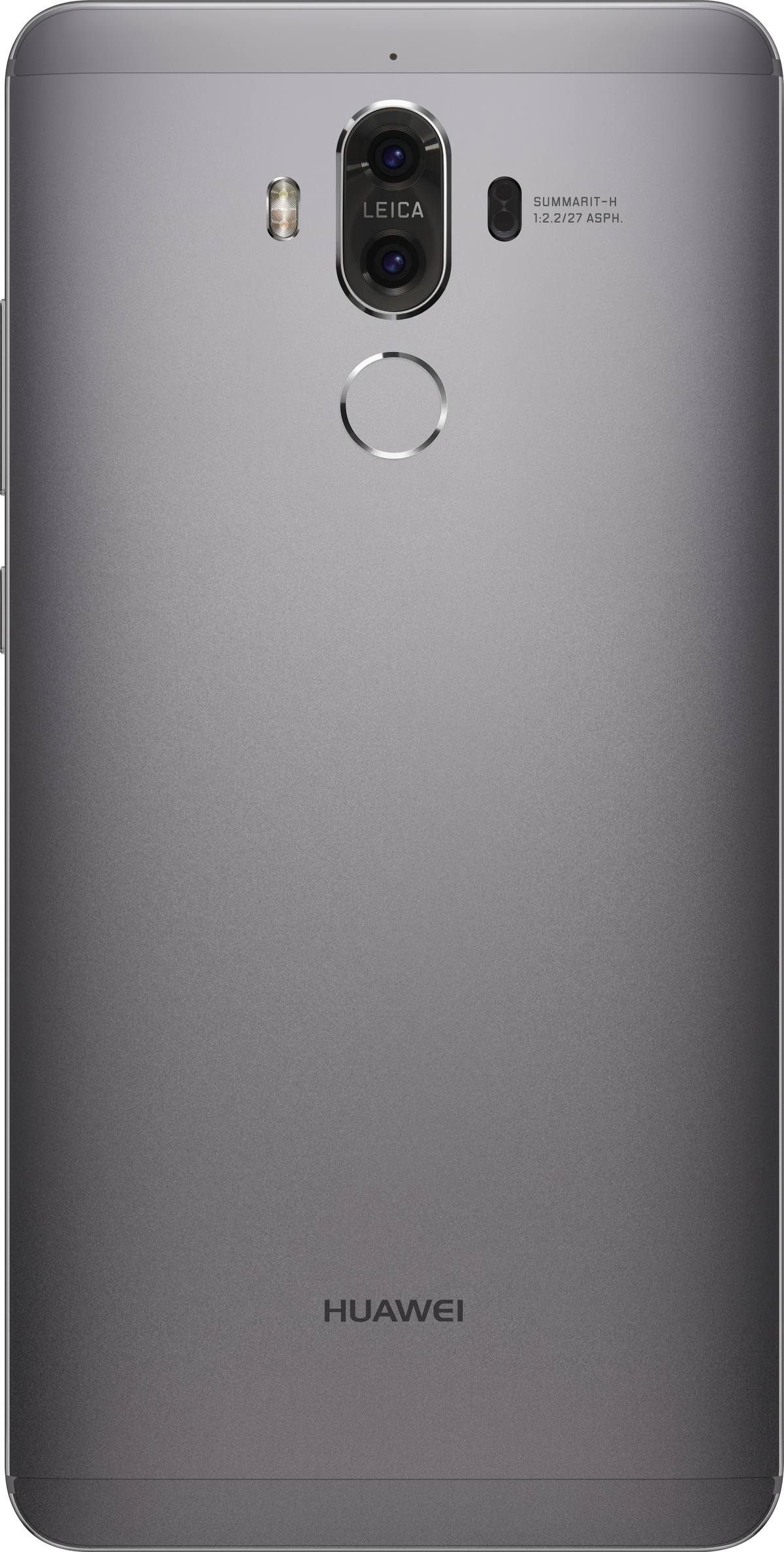 Rückseite eines grauen Huawei-Telefons. Es hat eine Kamera und das Leica-Logo. Der Markenname ist unten aufgedruckt.