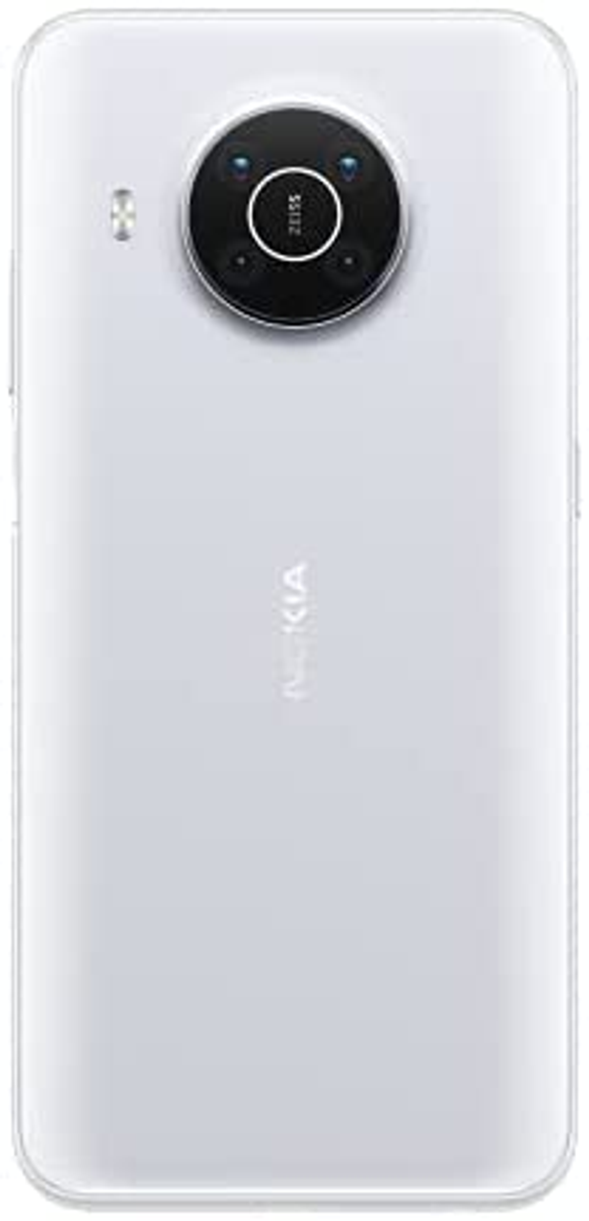 Achteraanzicht van een witte Nokia smartphone met een cirkelvormige cameramodule, ZEISS lens en flitser.