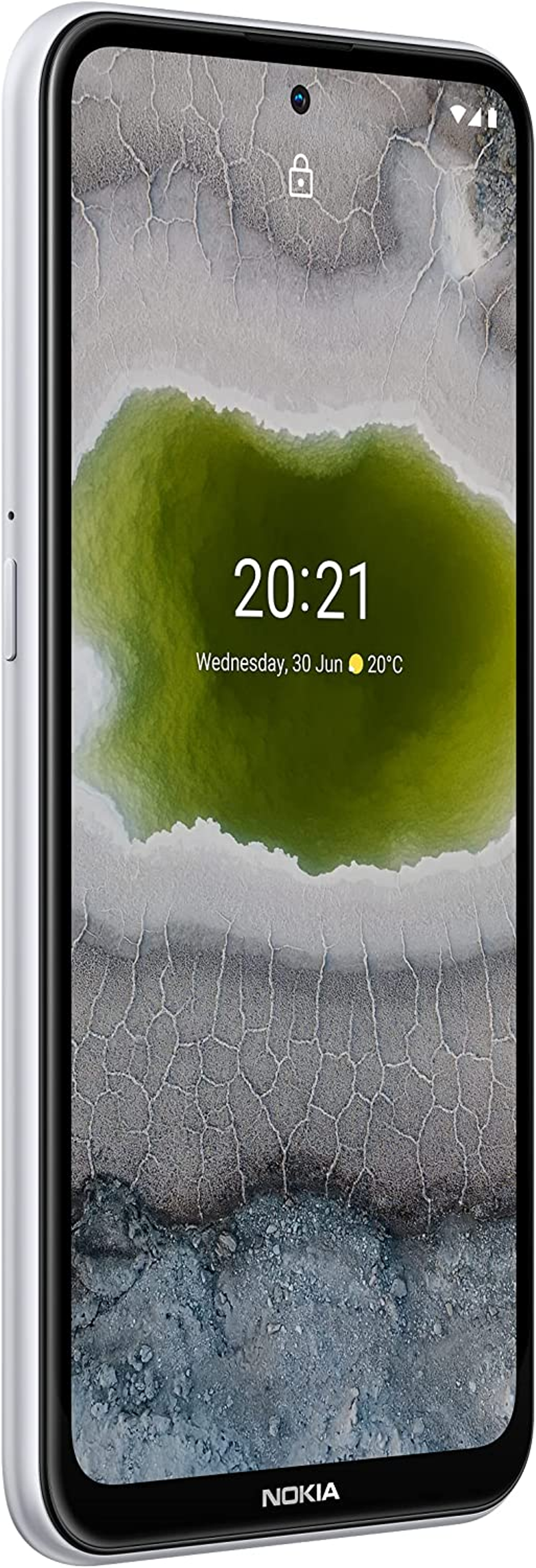 Voorkant van de Nokia-smartphone, met een display met natuurthema, met tijd en datum.