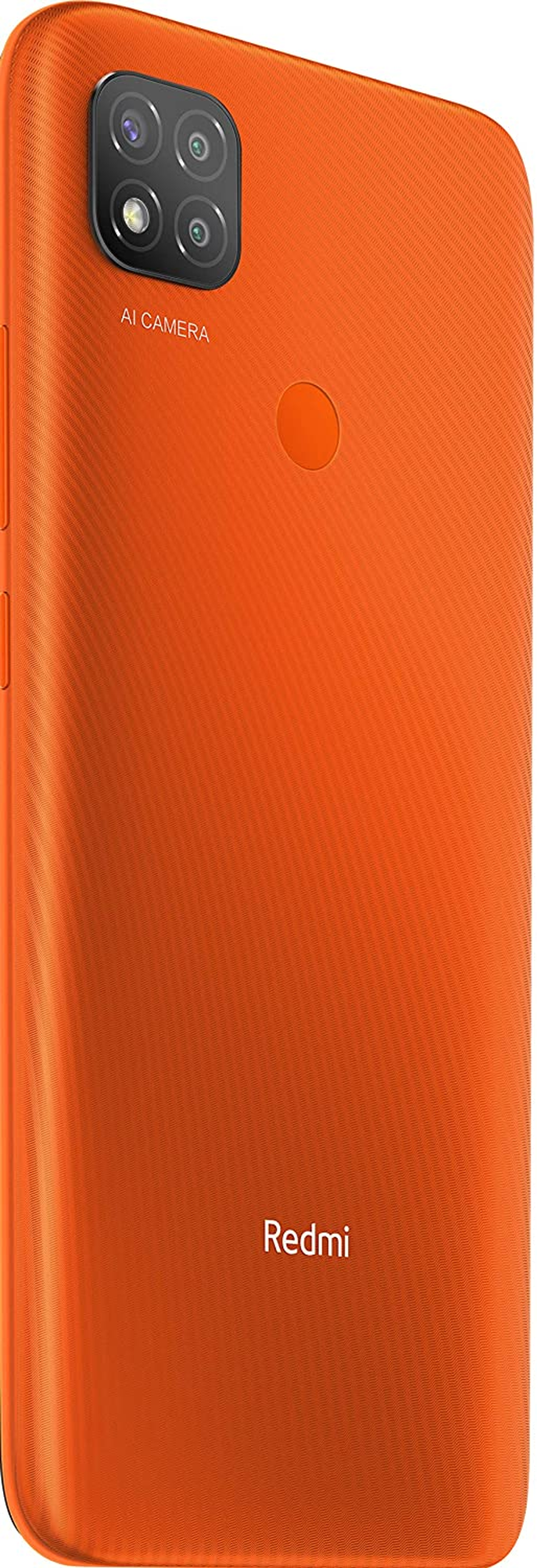 Orangefarbene Smartphone-Rückansicht mit Kameraerhebung und dem Wort 'Redmi' darunter gedruckt.