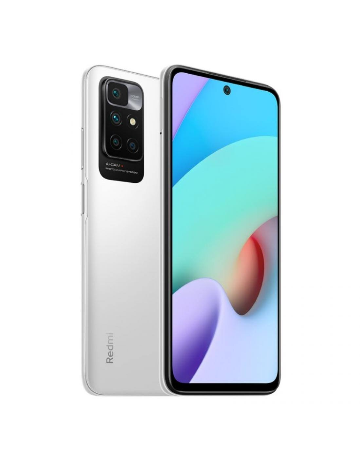 Telefono Redmi bianco con più fotocamere, mostra un motivo astratto colorato su bianco.