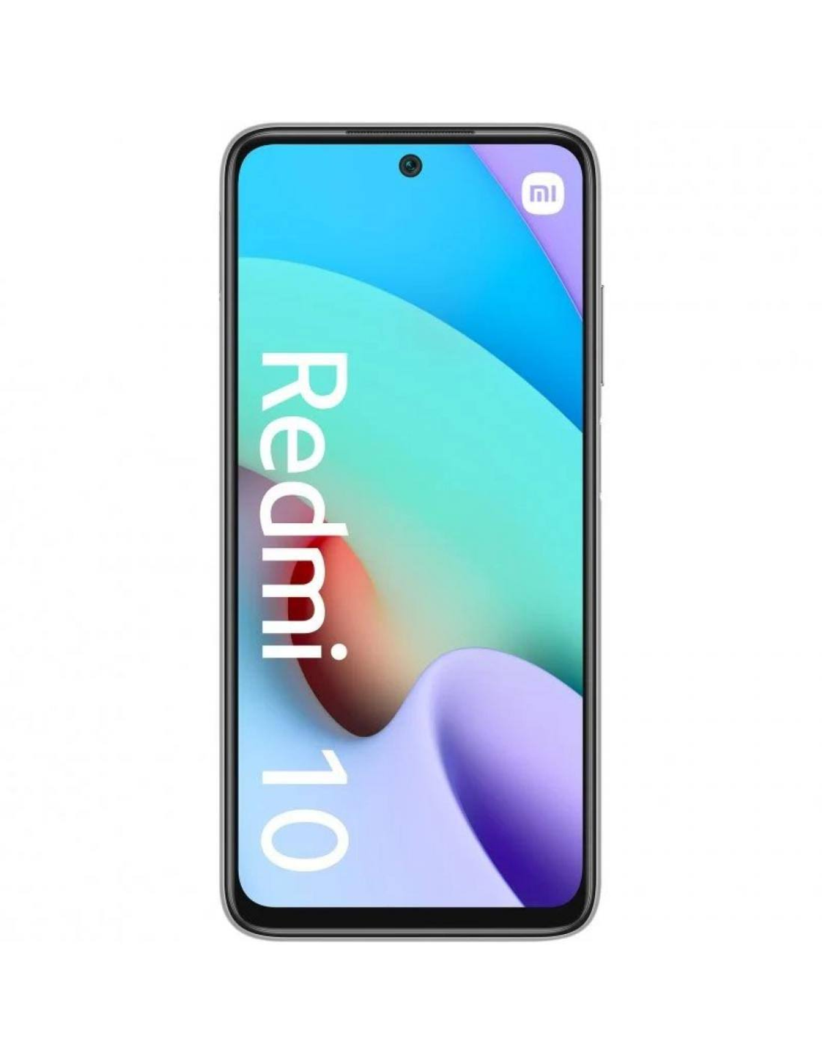 Uno smartphone Redmi 10 con schermo blu e viola, che mostra uno sfondo a onde.