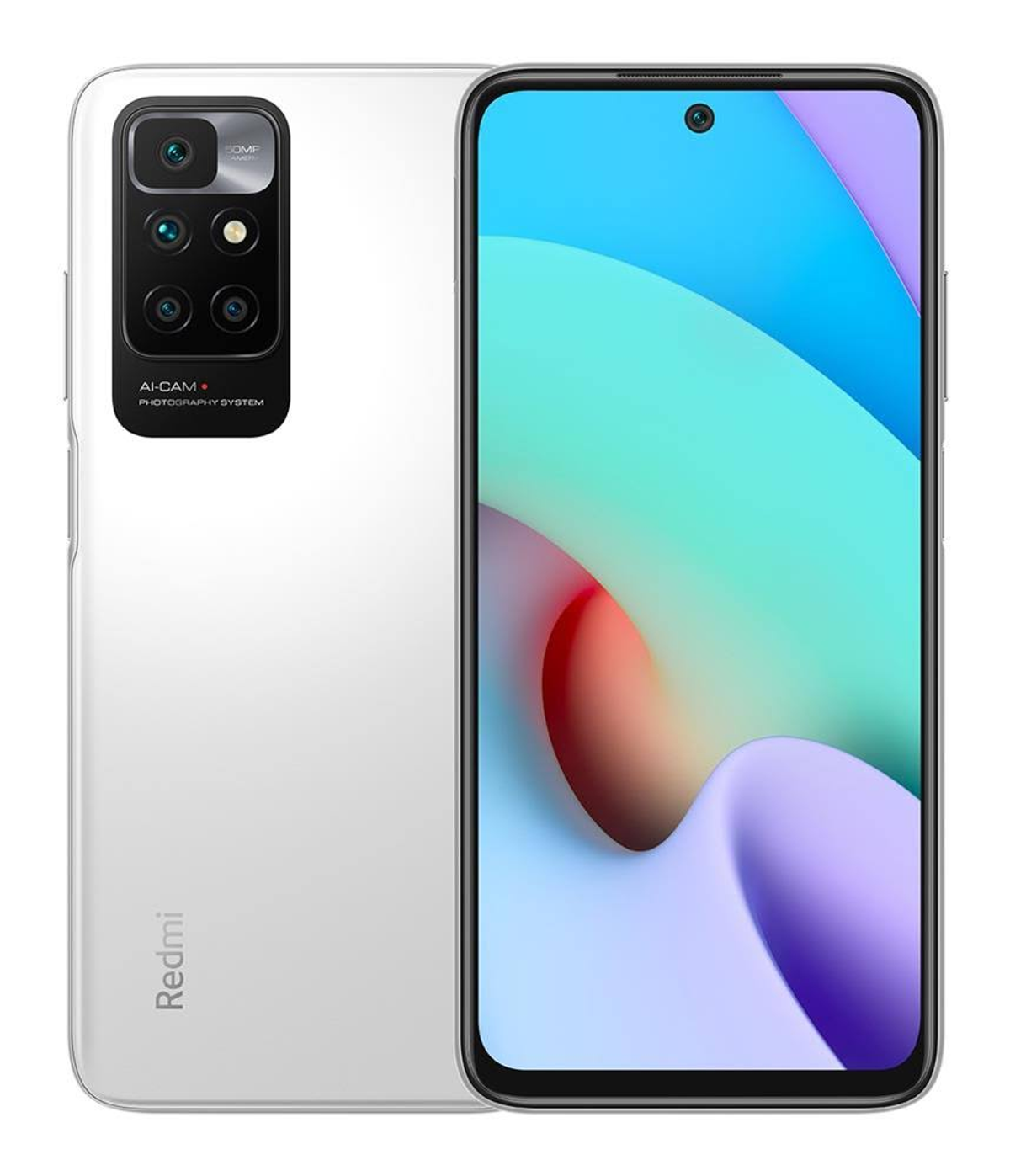 Telefono Redmi bianco con array di fotocamere. Lo schermo mostra un'immagine astratta colorata. Logo Redmi sul retro.