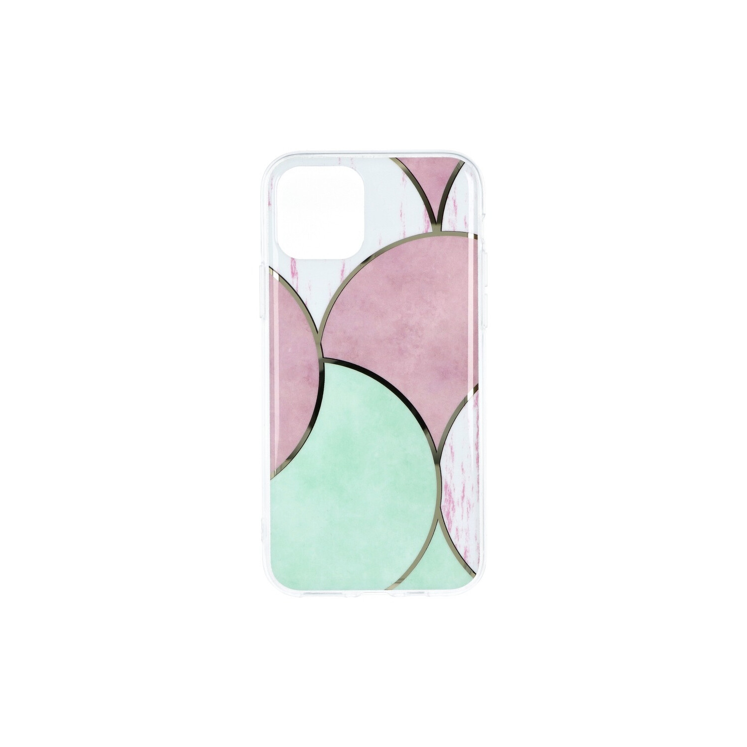 Handyhülle mit einem Design aus rosa, grünen und goldenen geometrischen Formen auf weißem Hintergrund.