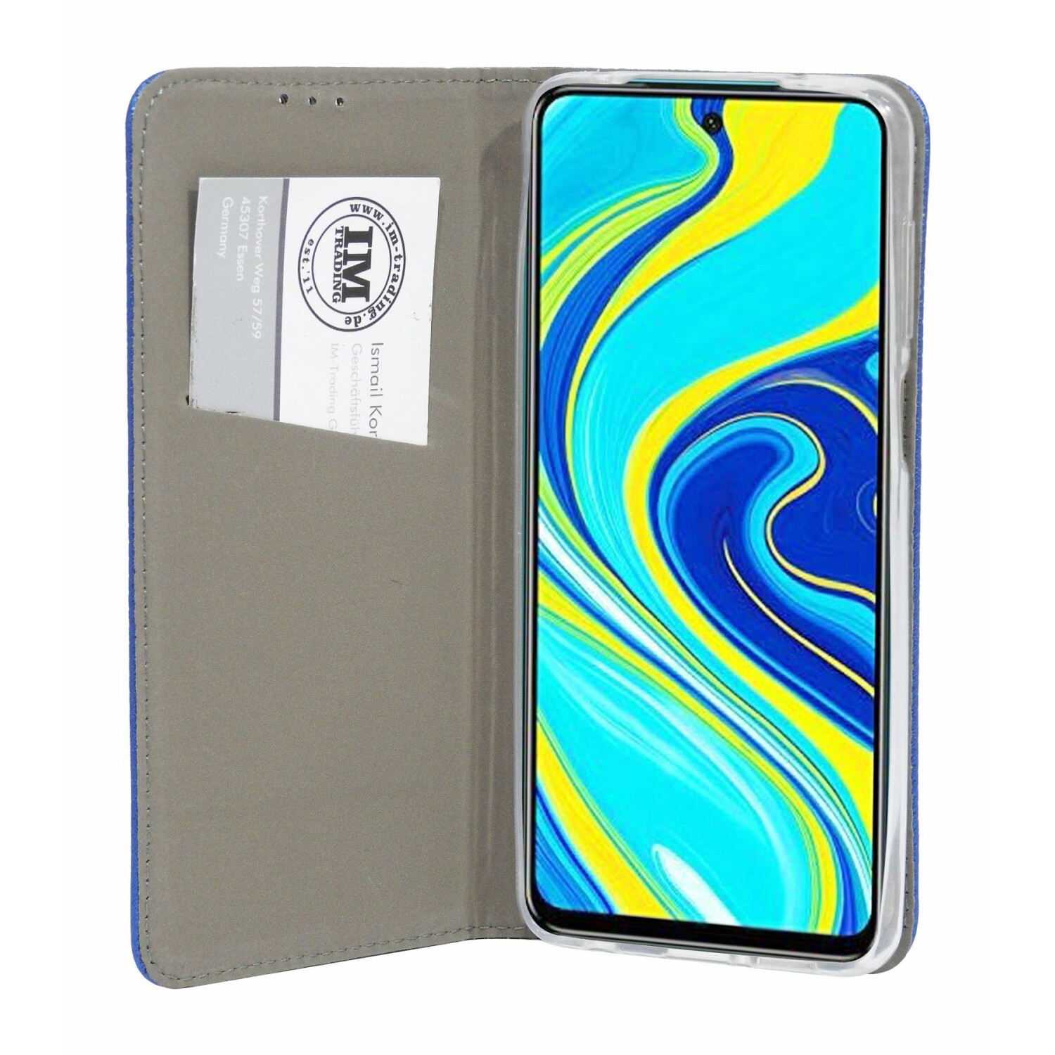 Geöffnete Handyhülle mit Telefon und Kartenfach mit Karte.