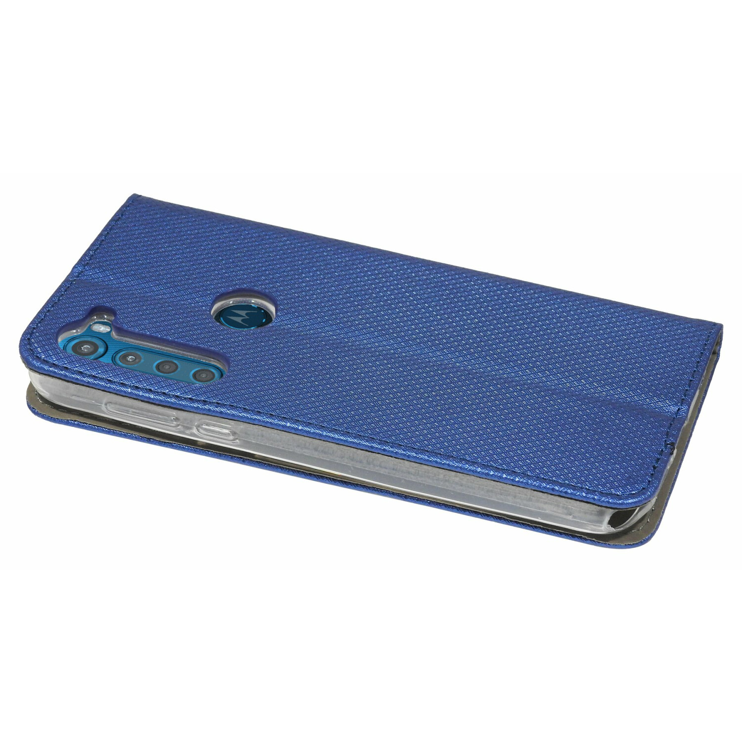 Blaue Handyhülle mit Telefon darin, schräge Ansicht.